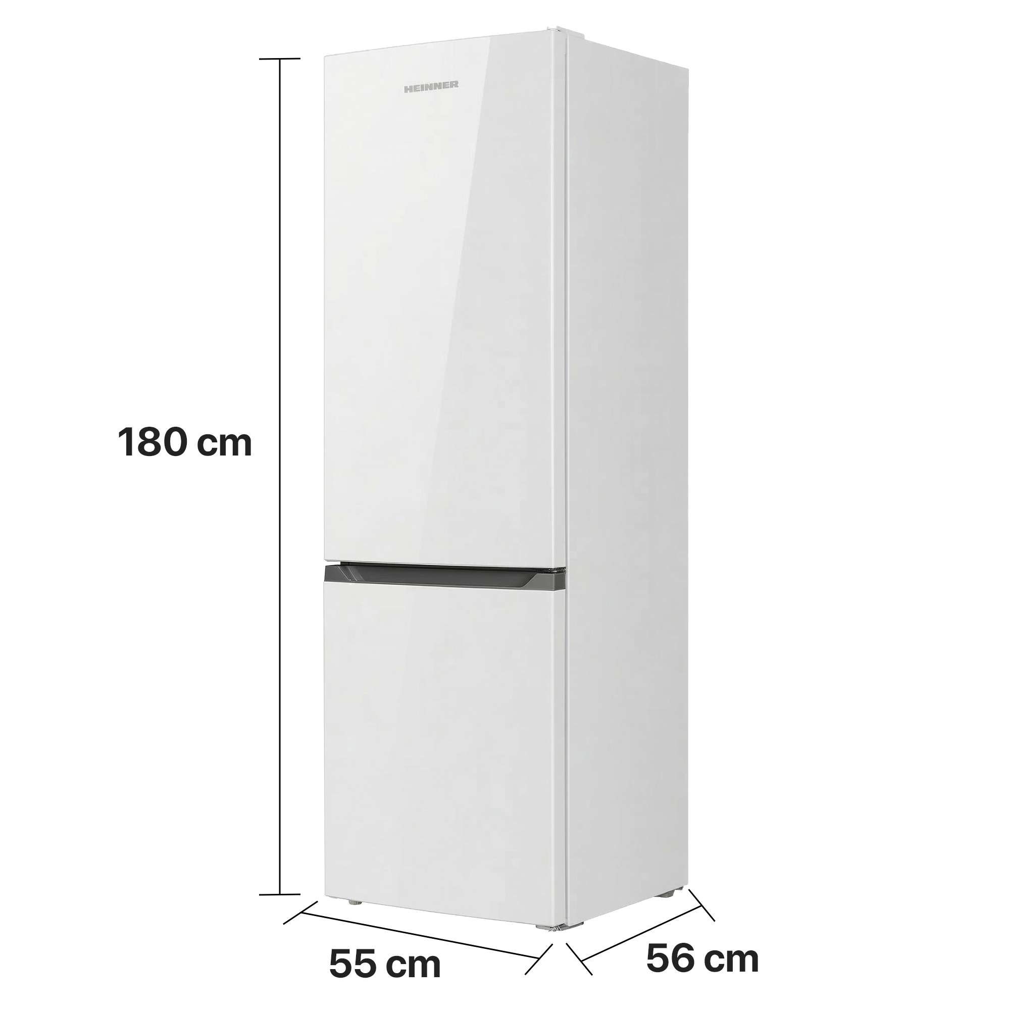 Een witte koelkast van 180 cm hoog, 55 cm breed en 56 cm diep.