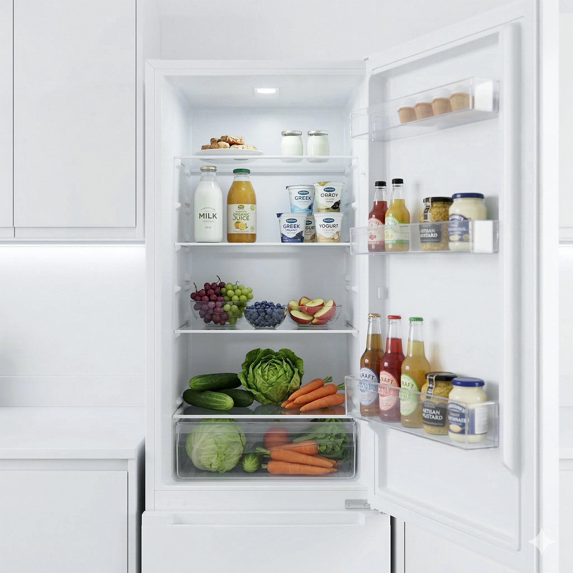 Witte koelkast open: melk, sap, yoghurt, fruit, groenten, dranken en sauzen.