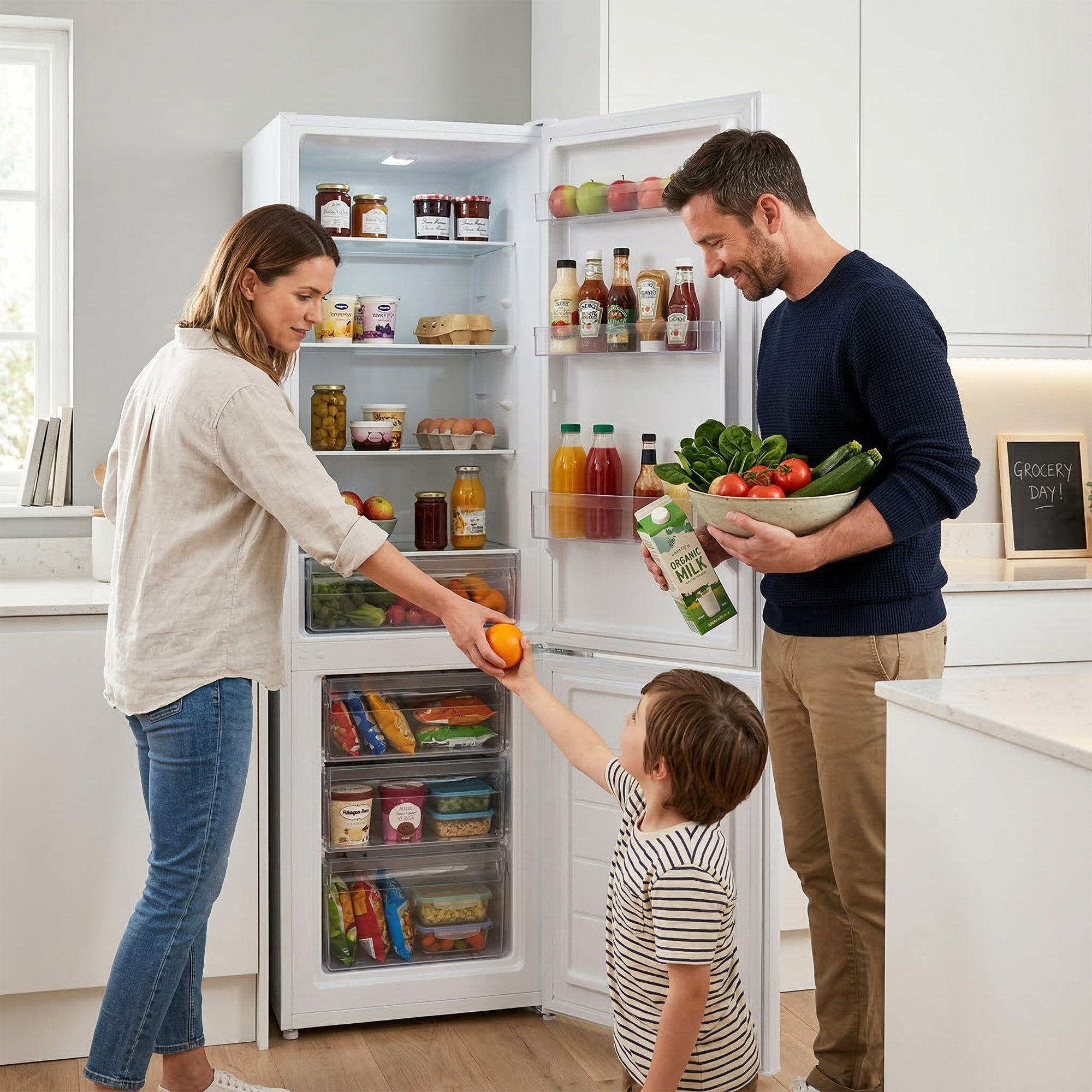 Familie pakt boodschappen in een open koelkast, yoghurt, fruit, groenten.