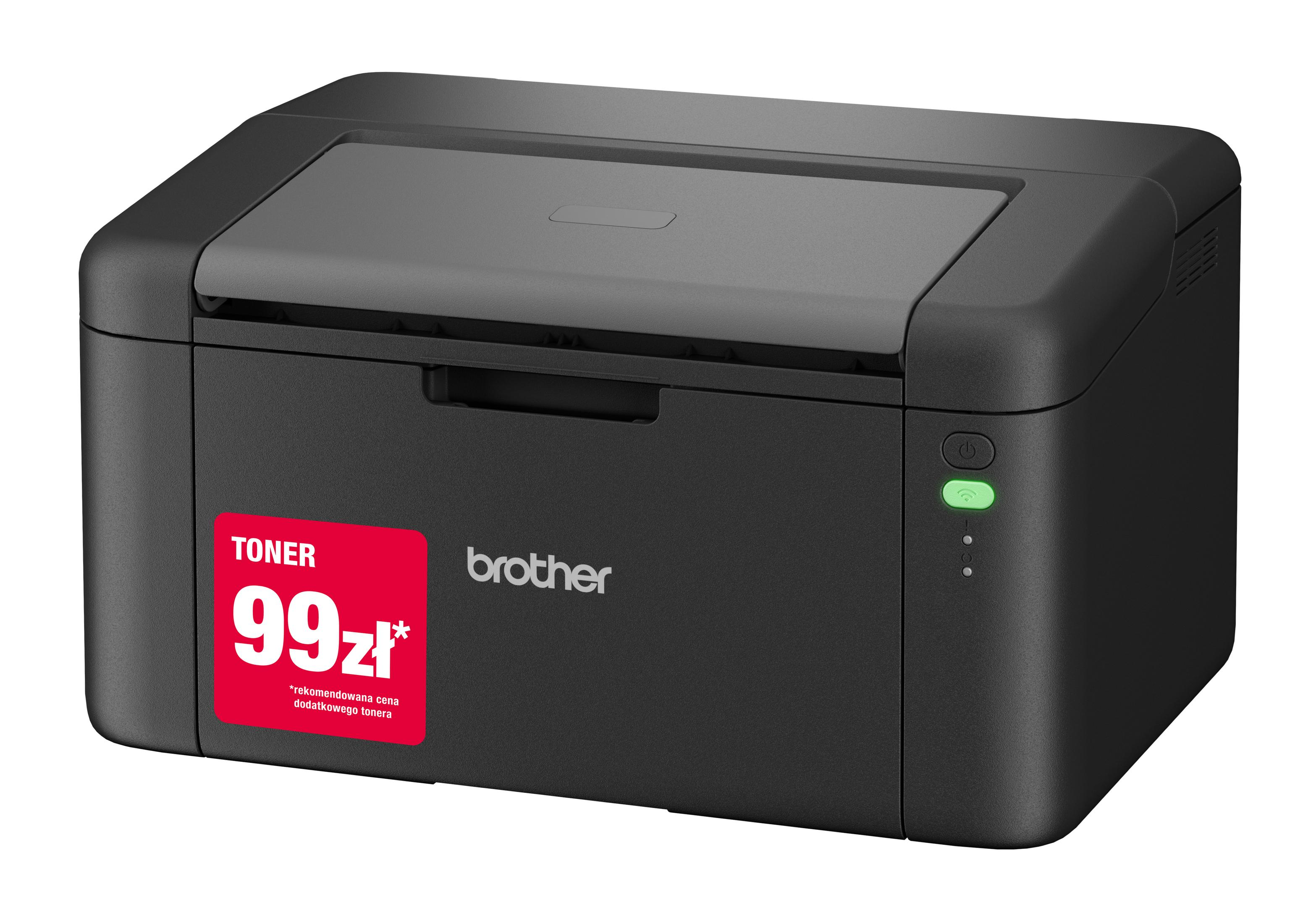 Kırmızı toner etiketi ve yeşil Wi-Fi LED'li siyah Brother lazer yazıcı.
