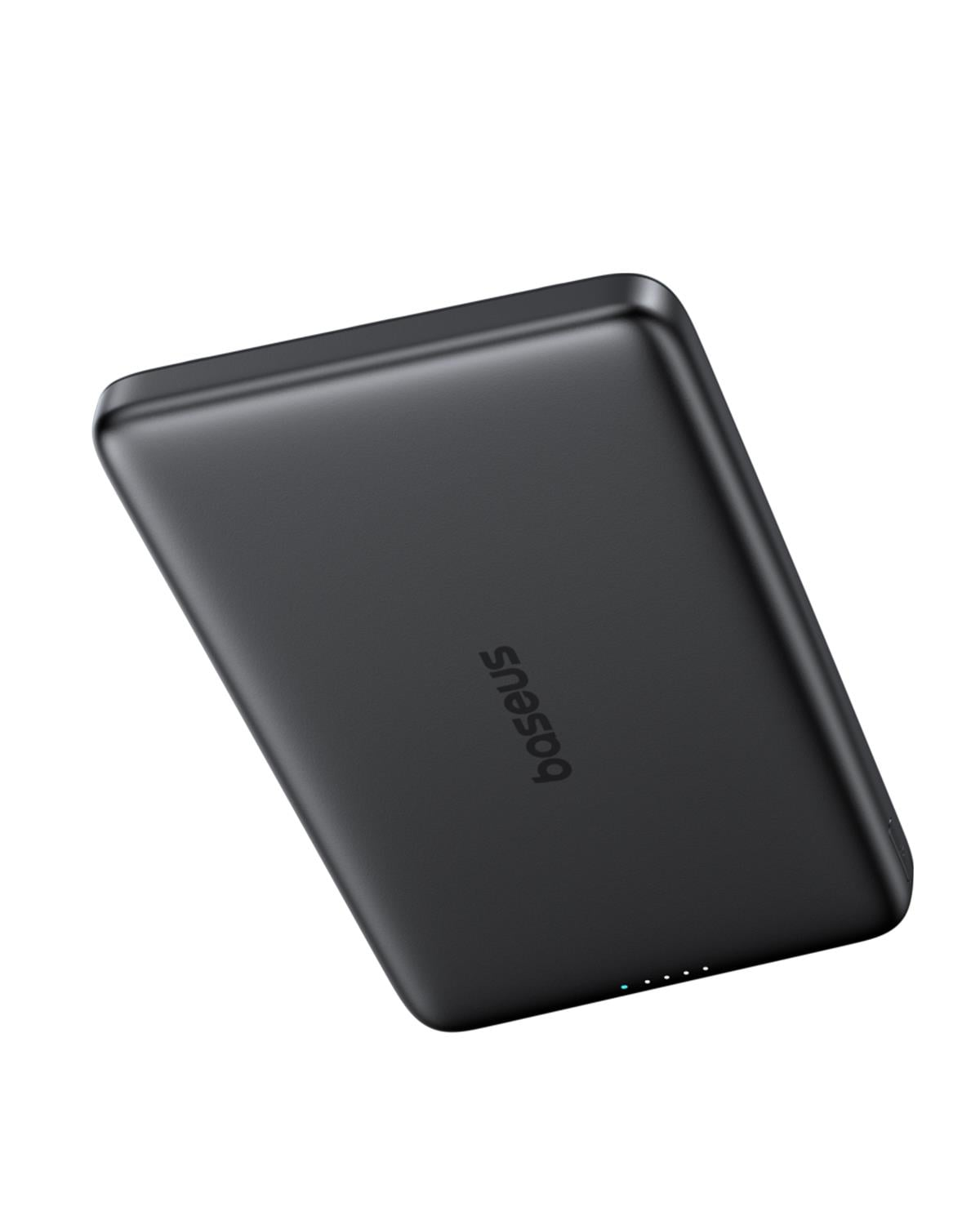 Beyaz arka plan üzerinde dört gösterge ışığı olan siyah Baseus powerbank.