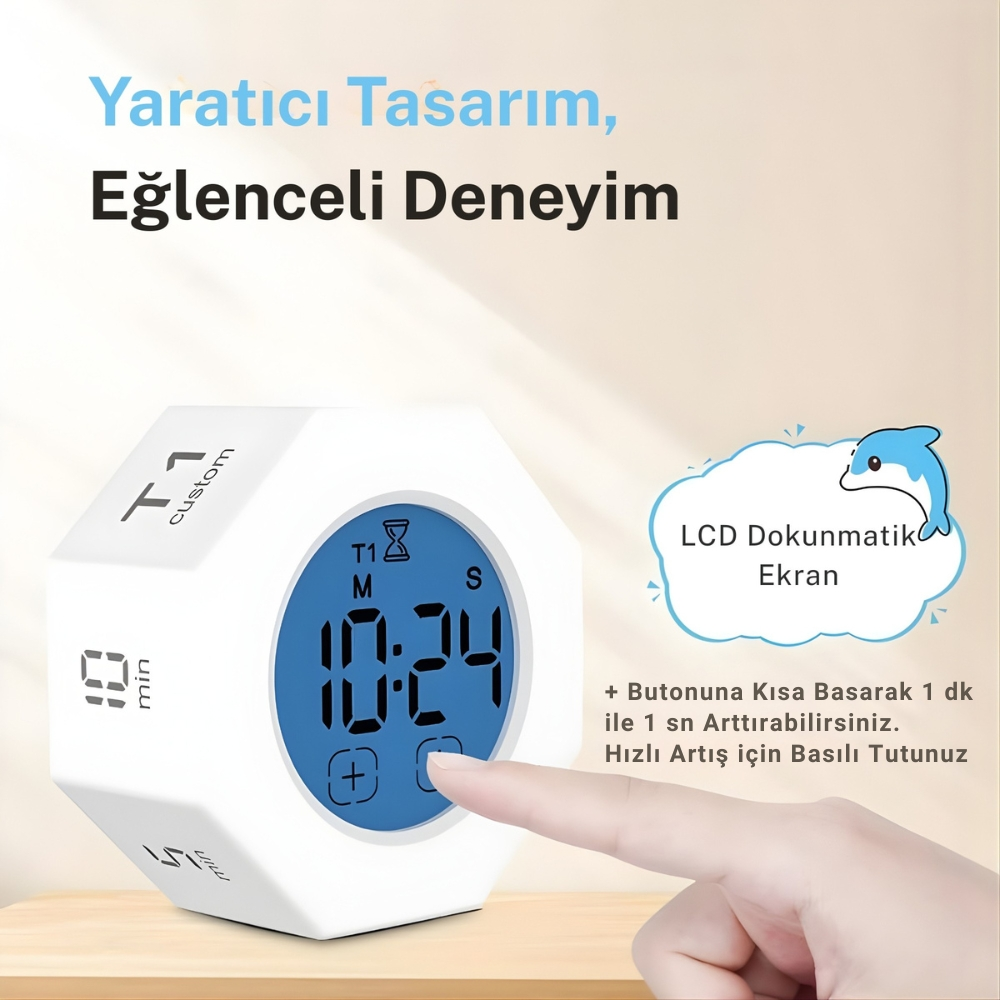 Mavi ekranlı beyaz, altıgen dijital çalar saat, dokunan bir parmak ile.