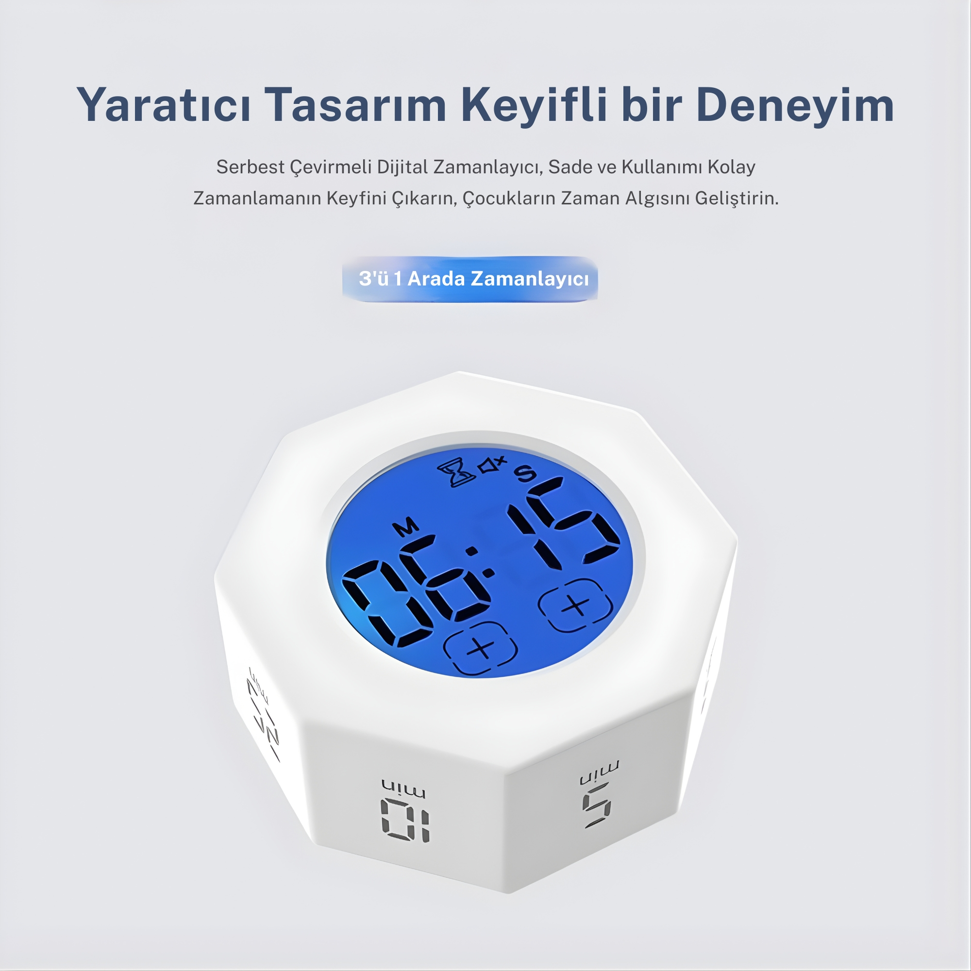 Mavi ekranlı beyaz dijital zamanlayıcı 06:15 gösteriyor. Metin: 3'ü 1 arada zamanlayıcı.