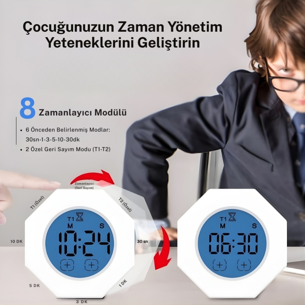 Mavi ekranlı iki beyaz dijital zamanlayıcı. Biri 10:24, diğeri 06:30 gösteriyor.