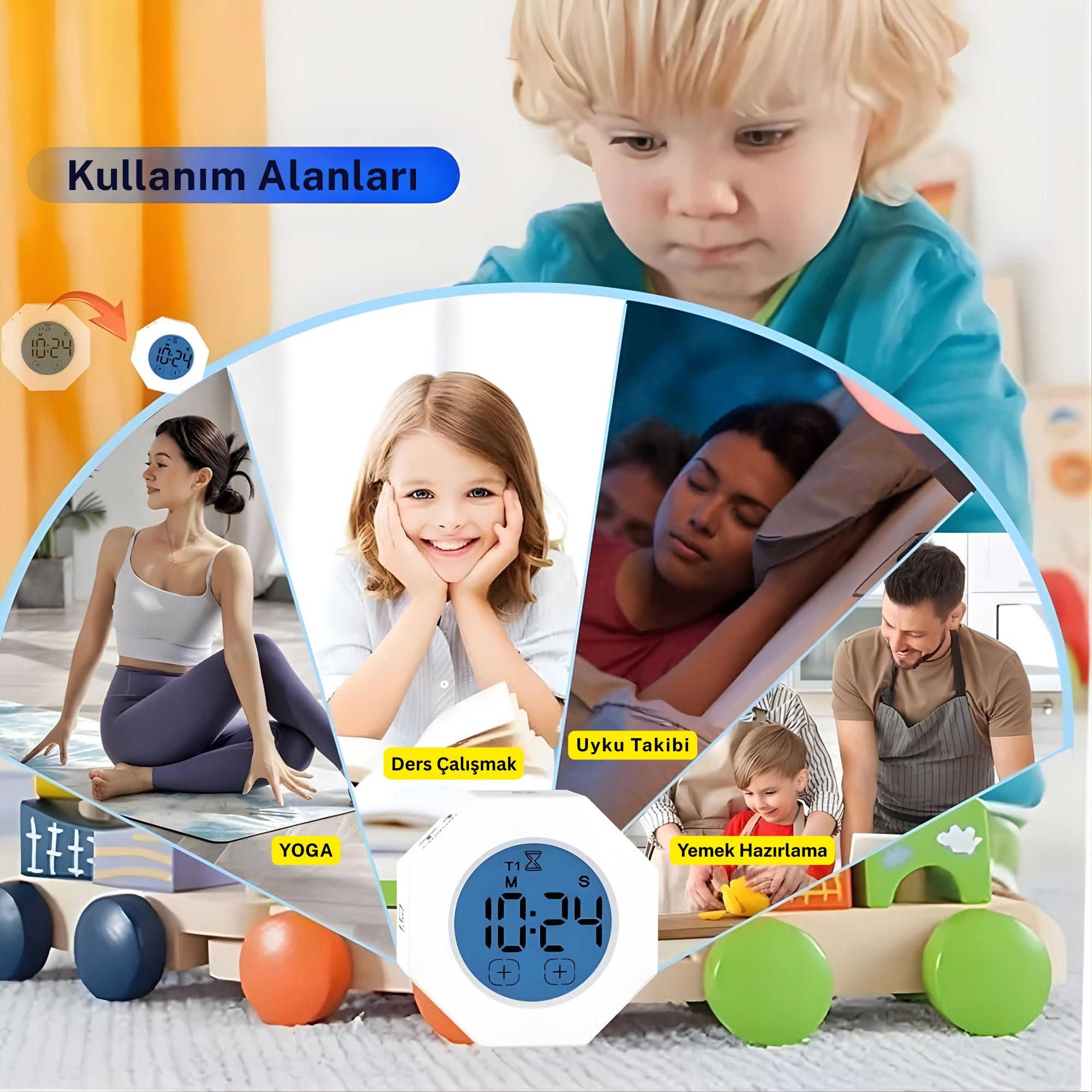 Kolajde yoga, ders çalışma, uyku ve yemek hazırlama görselleri, önde zamanlayıcı.