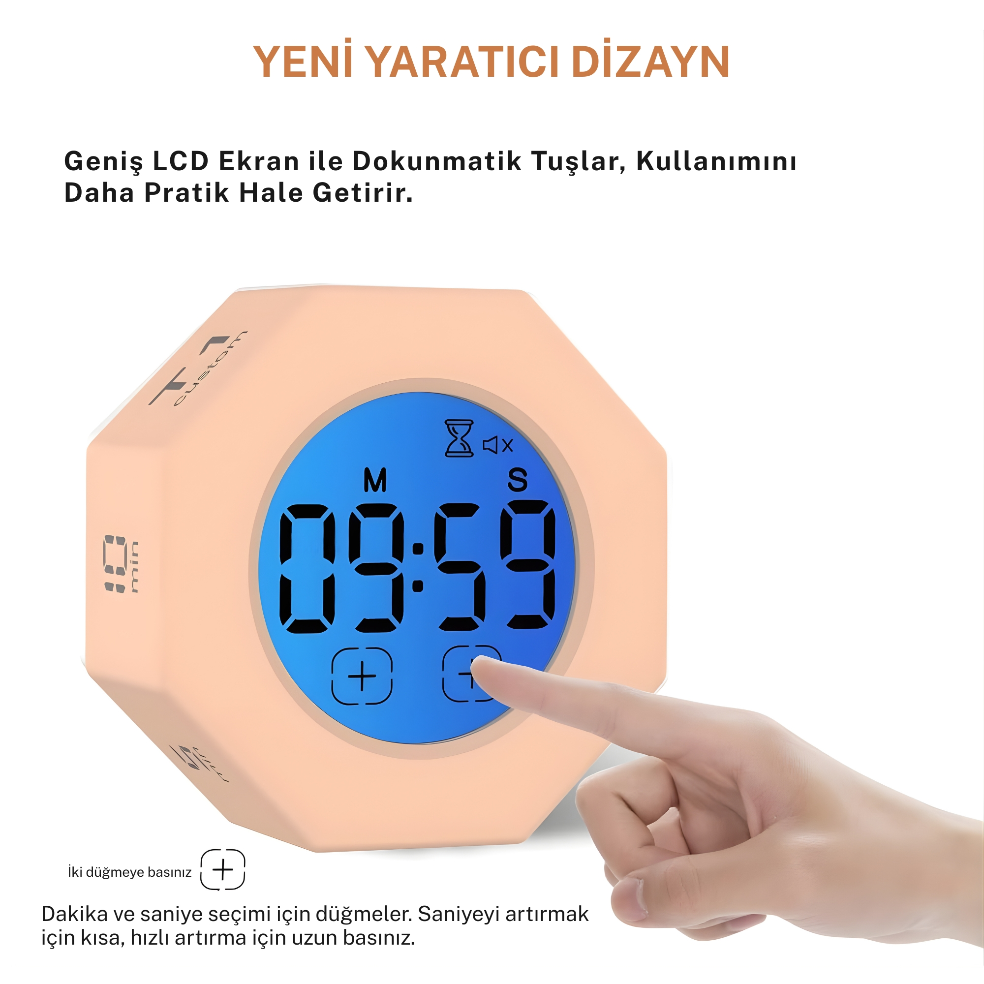 Mavi LCD ekranlı ve dokunmatik tuşlu şeftali rengi dijital zamanlayıcı.