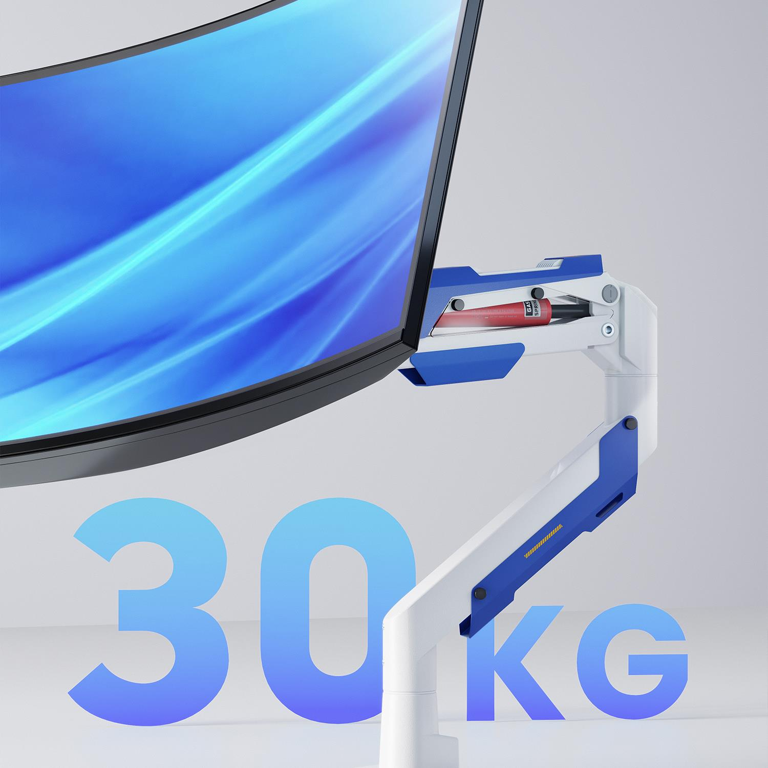 Monitör kolu kavisli bir ekranı tutuyor. "30 KG" gösteriliyor.