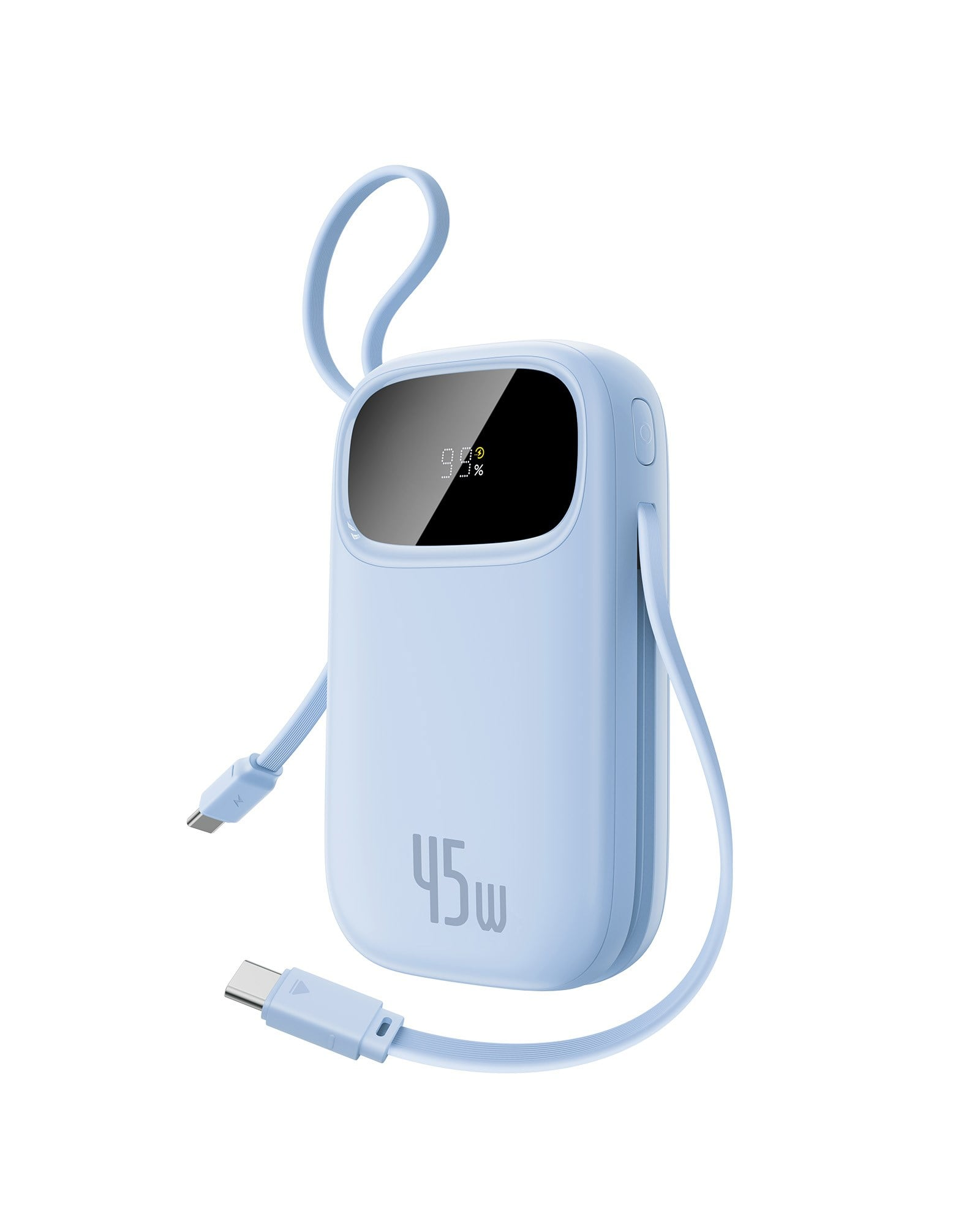 Power bank azzurro 45W, 99% batteria, laccetto e cavo USB-C.