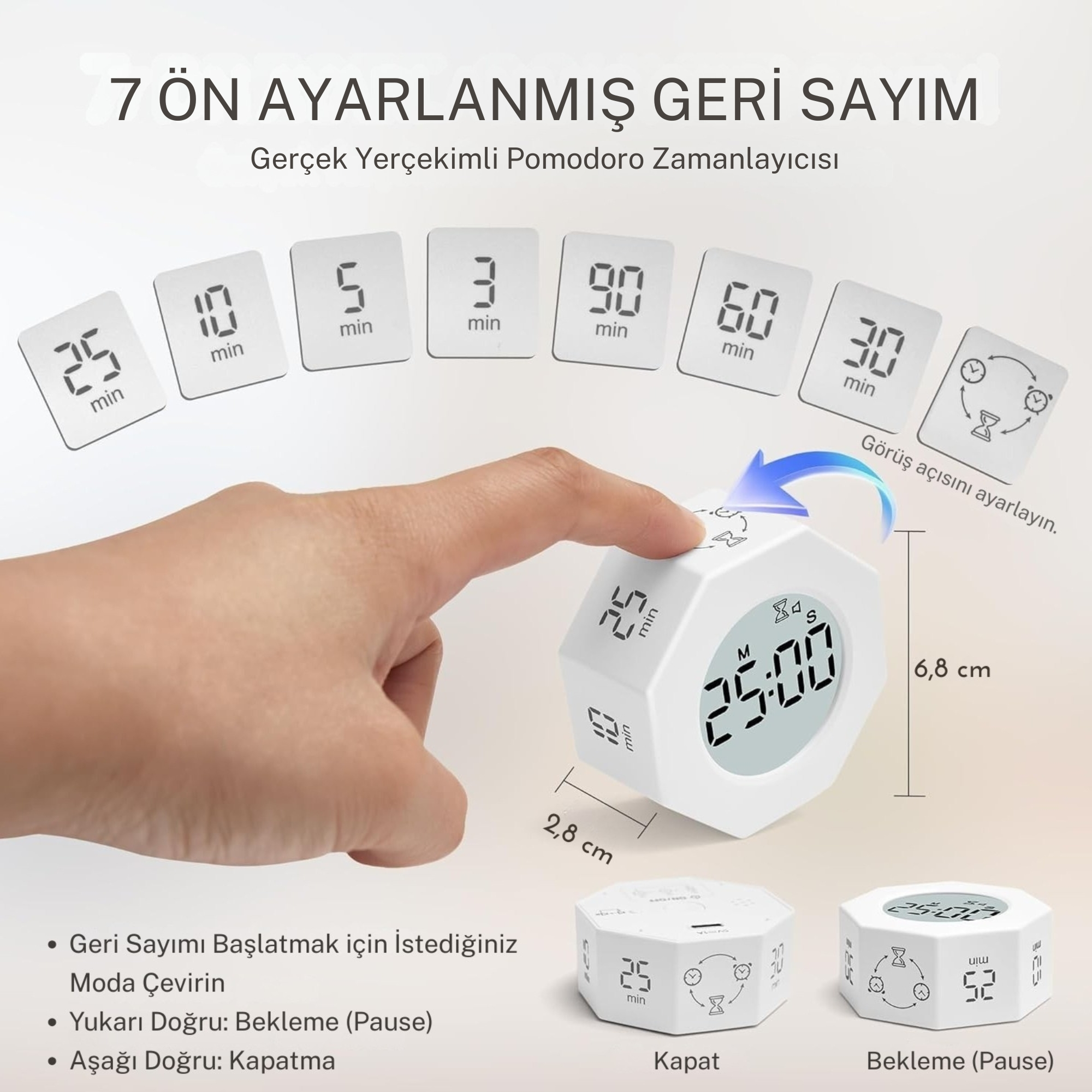 Dijital ekranlı ve bir elin kullandığı altıgen beyaz zamanlayıcı.