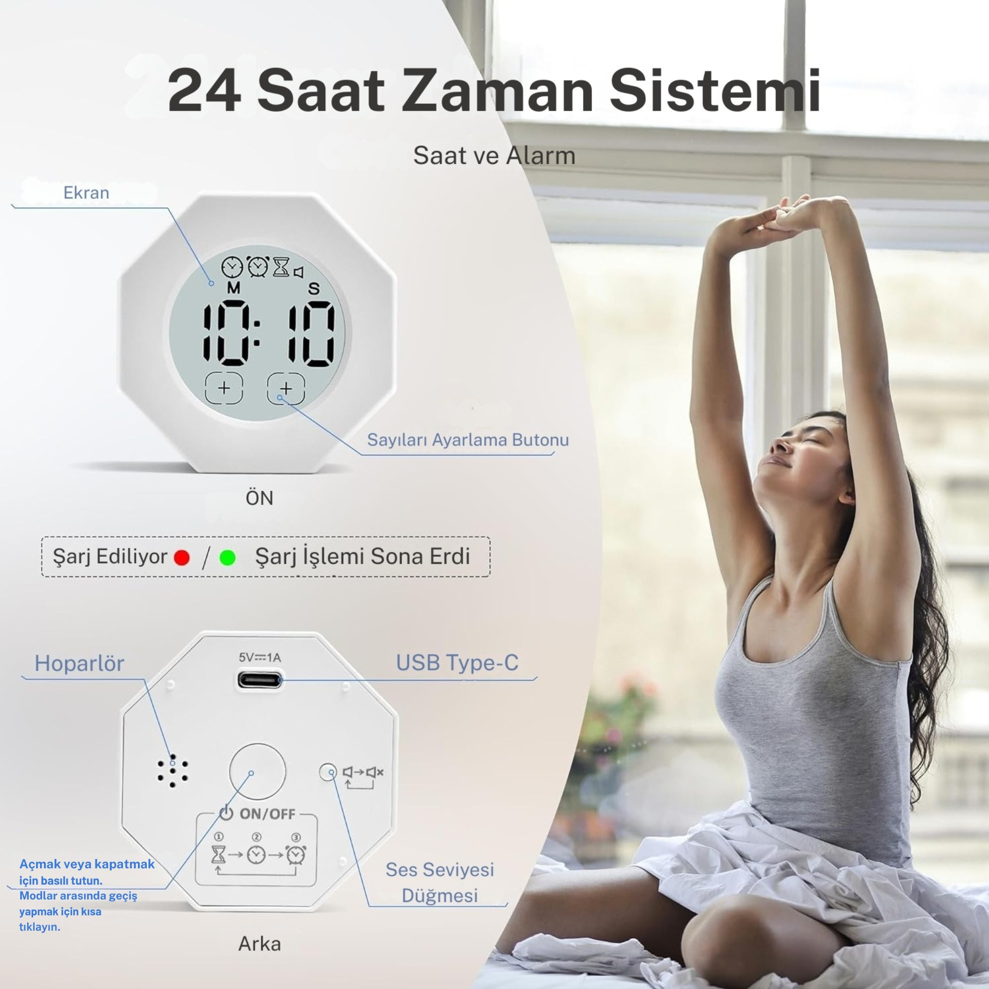 Uzanmakta olan bir kızın olduğu beyaz dijital çalar saat.