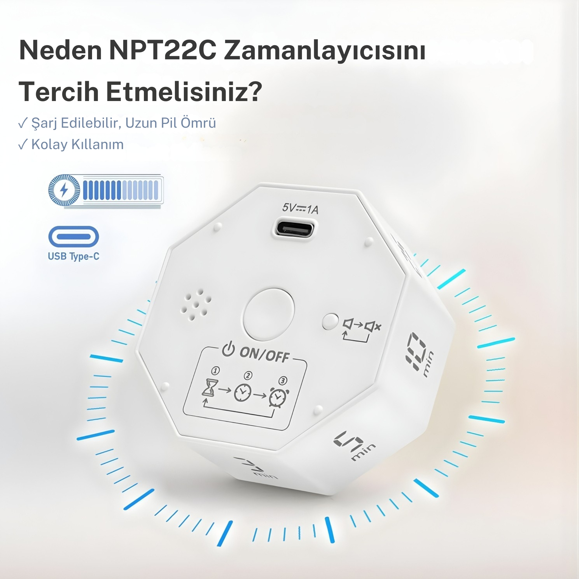 USB-C, açma/kapama düğmesi ve zaman göstergeli beyaz, sekizgen zamanlayıcı.