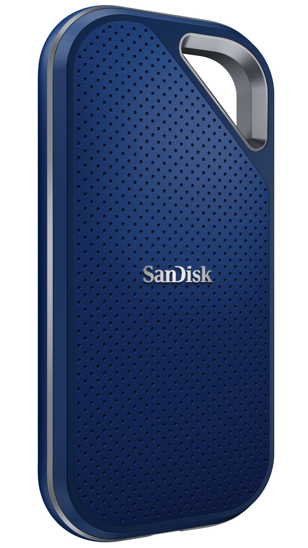 Gümüş saplı, delikli deseni olan lacivert Sandisk SSD.