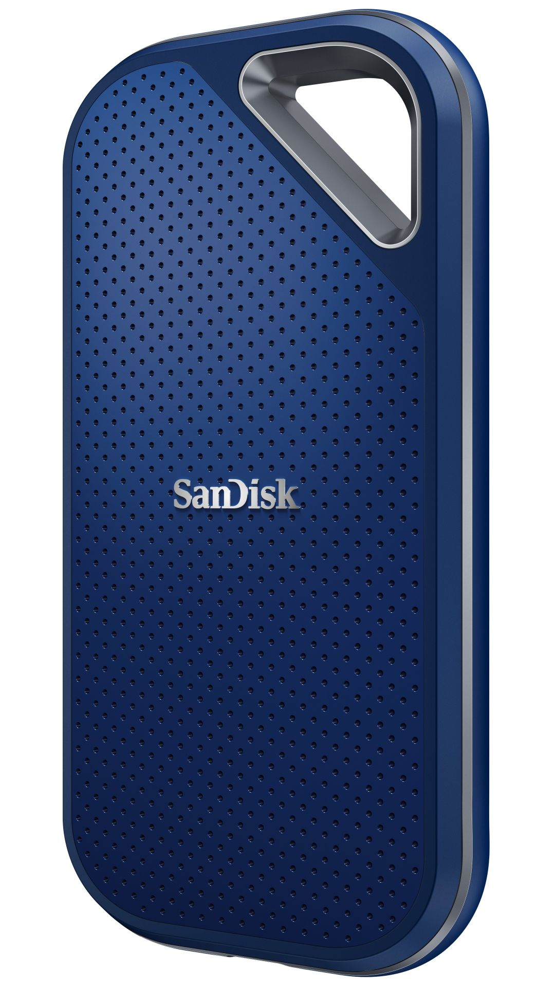Perforasyonlu ve gümüş taşıma halkalı koyu mavi SanDisk SSD.