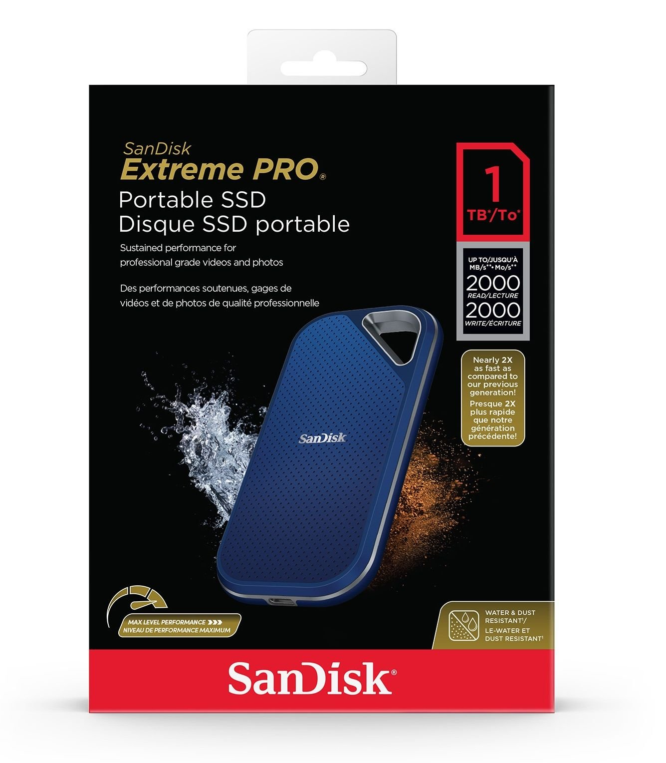 SanDisk Extreme PRO taşınabilir SSD, 1TB, mavi, su ve toza dayanıklı.