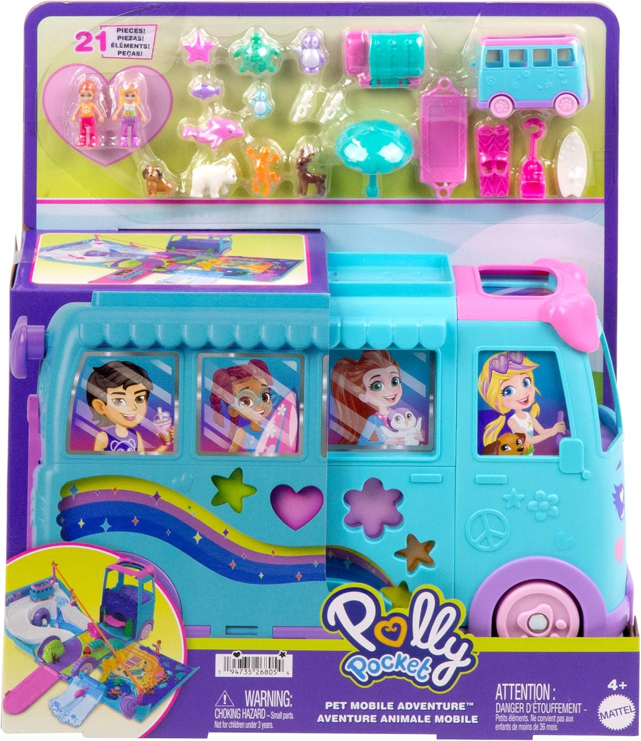 Zabawka Polly Pocket z kamperem i akcesoriami, kolorowa.