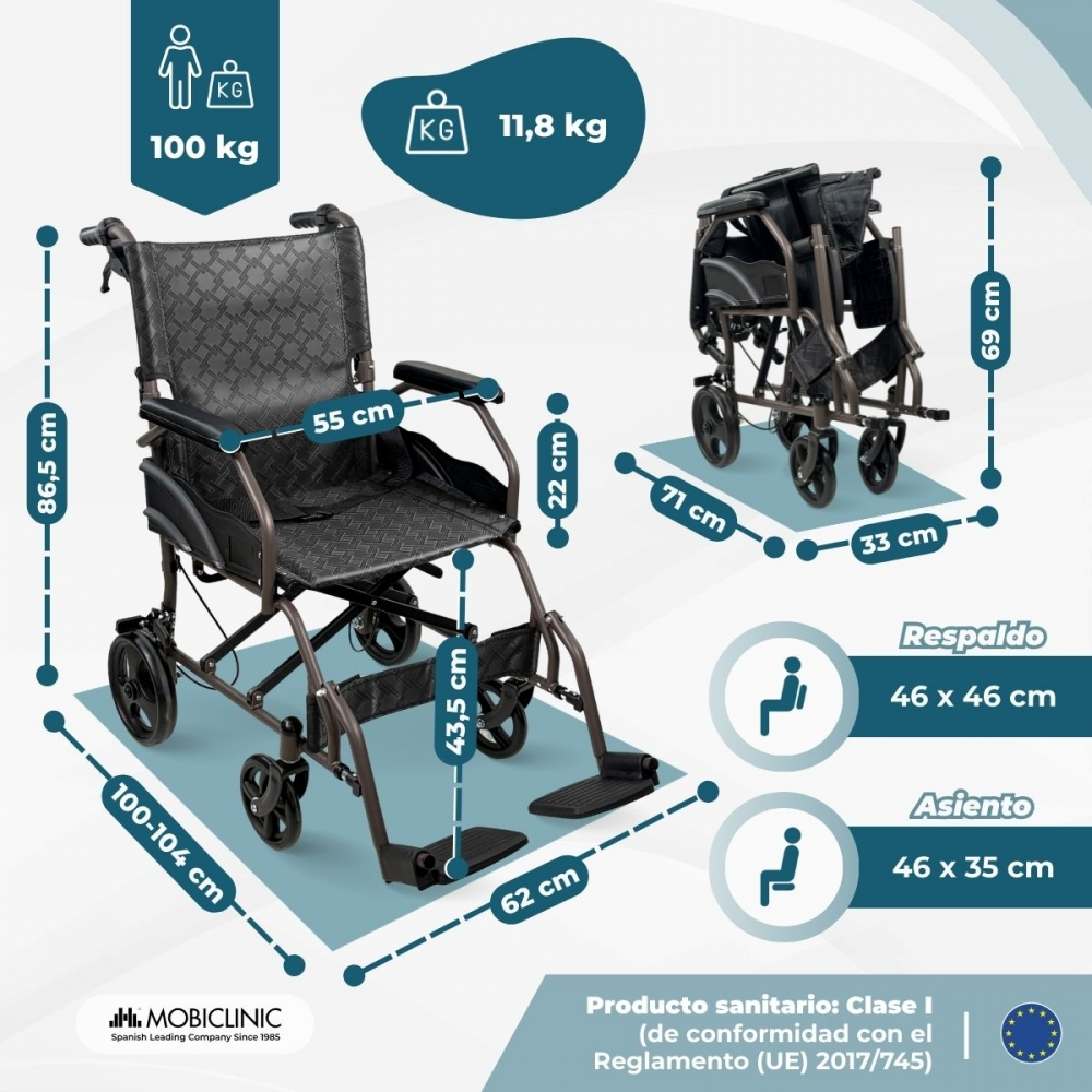 Una silla de ruedas con dimensiones: 86,5cm alto, 100-104cm largo. Capacidad 100kg.