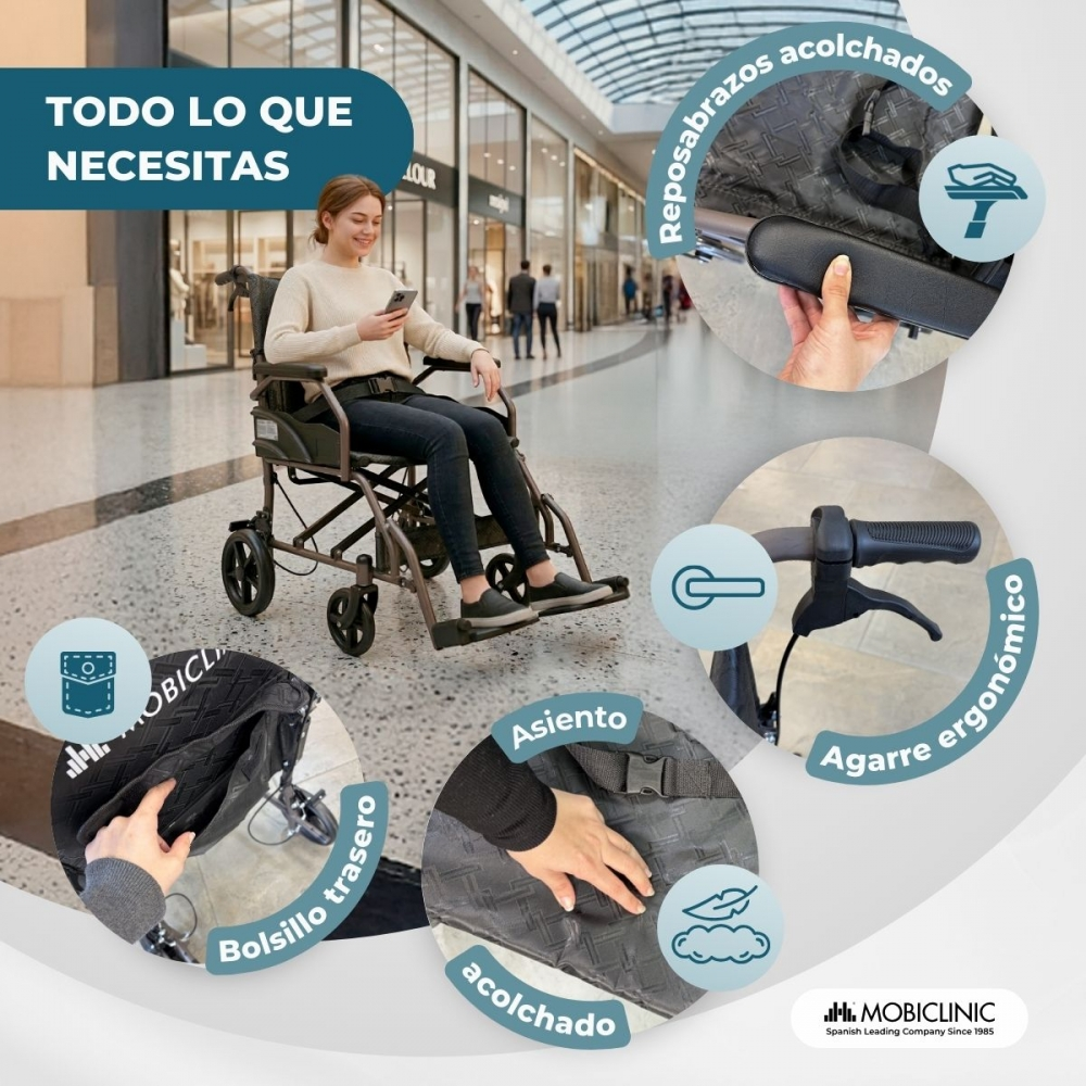 Mujer en silla de ruedas, promocionando Mobiclinic, mostrando detalles de reposabrazos, agarre y asiento.
