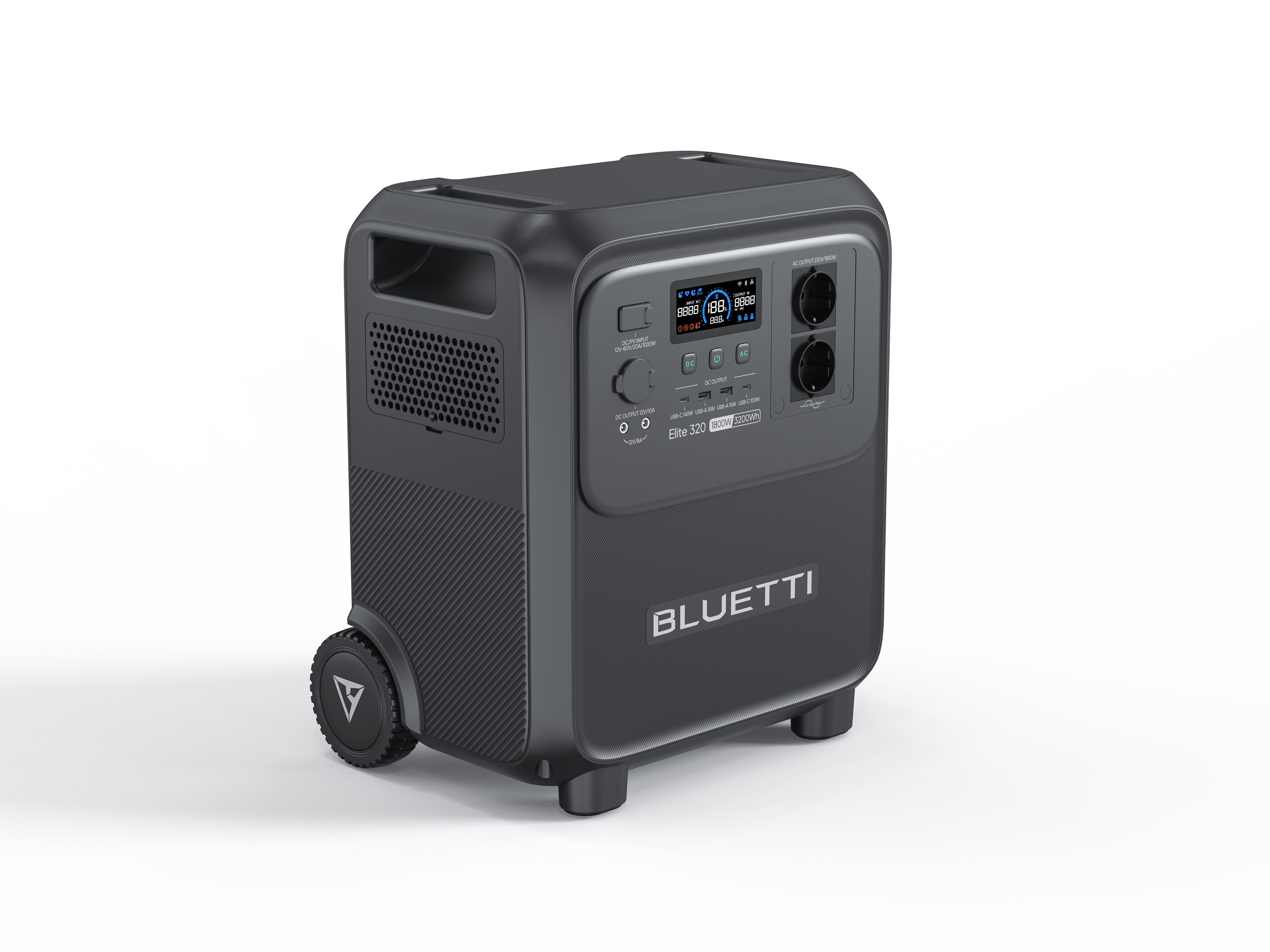 Ciemnoszara stacja zasilania BLUETTI z kołami i cyfrowym wyświetlaczem.