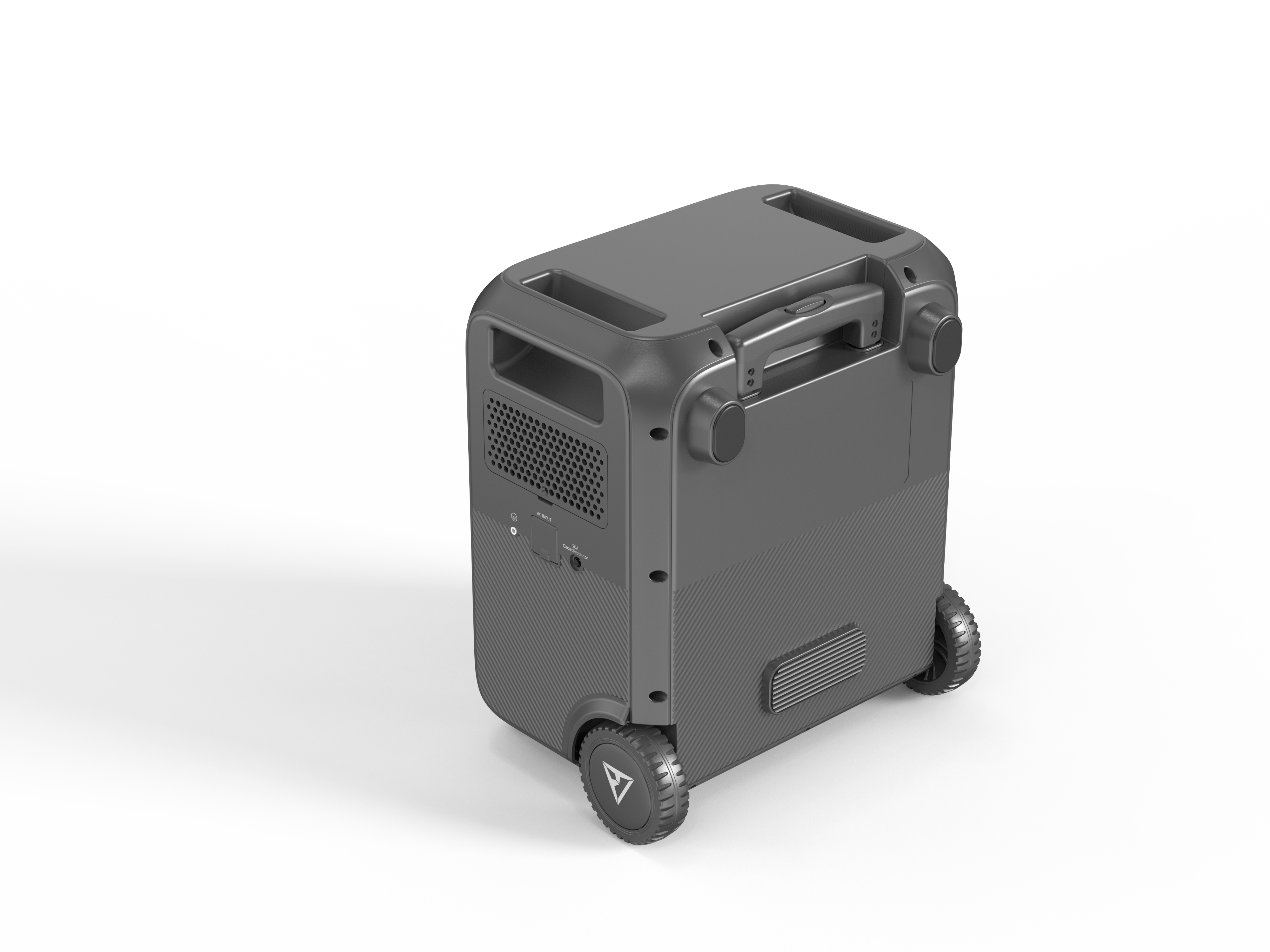 Ciemnoszara przenośna stacja zasilania z kołami i uchwytem na białym tle.