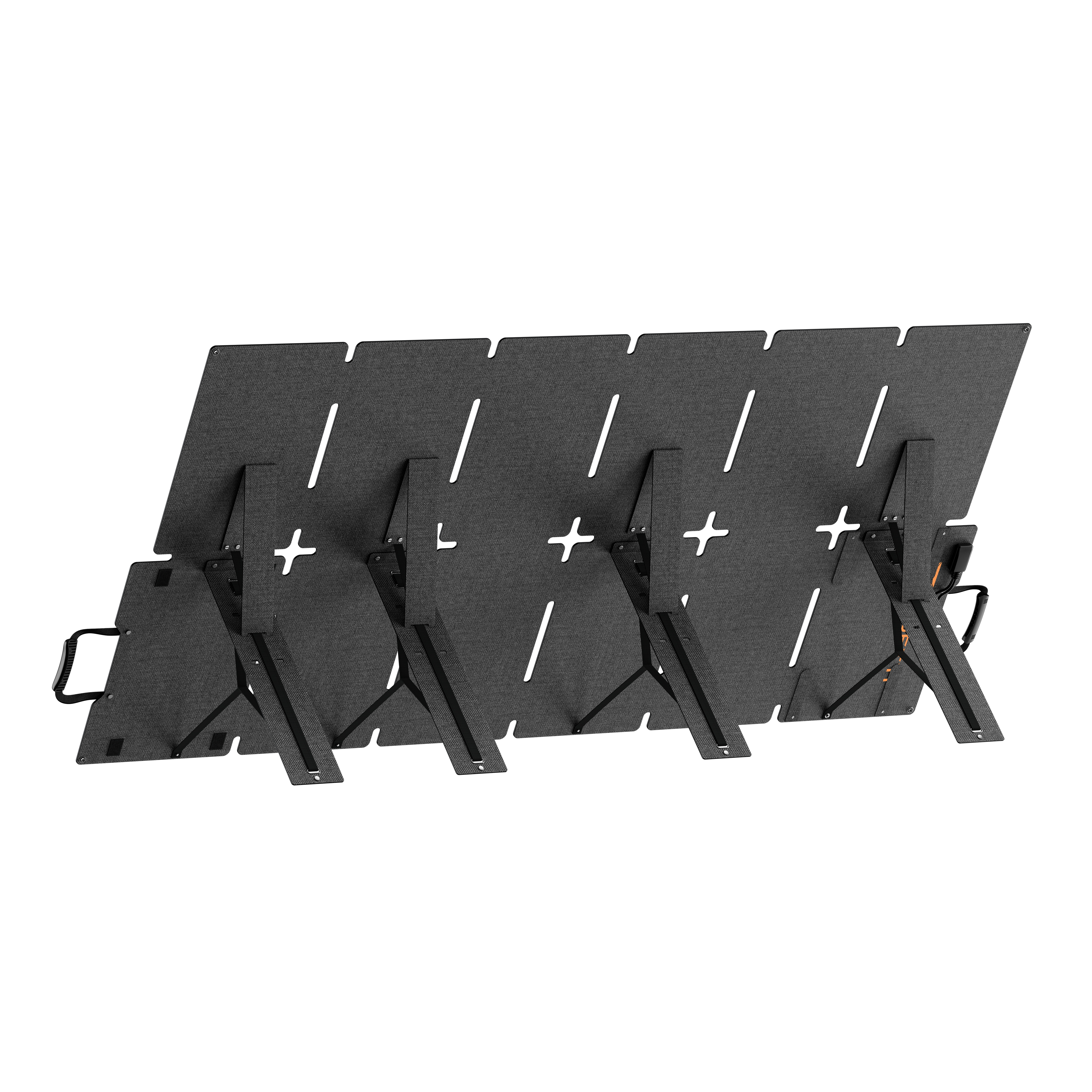 Ciemny, składany panel słoneczny z wieloma segmentami i stojakami.