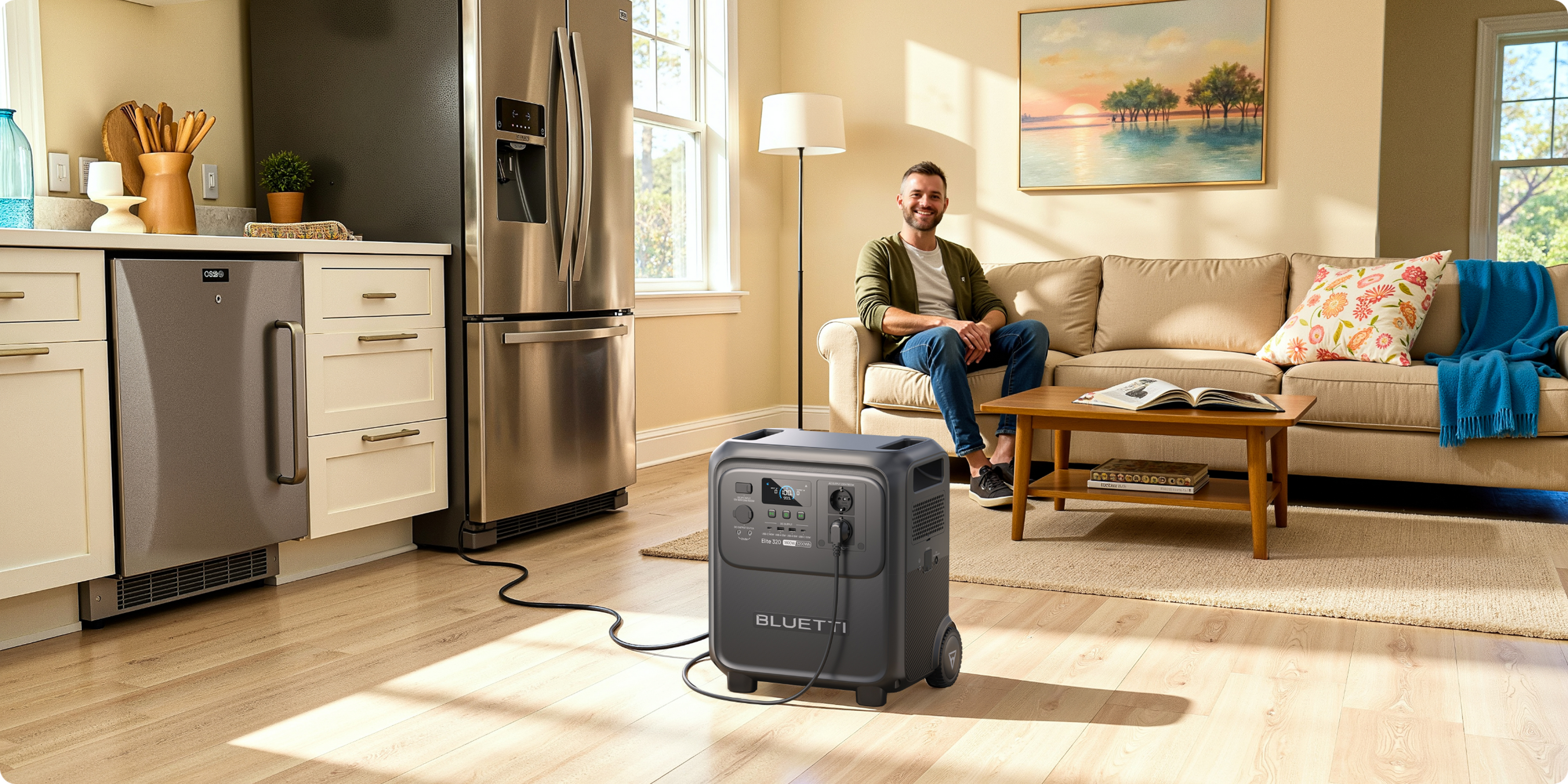 Mężczyzna siedzi na sofie w salonie z generatorem prądu na pierwszym planie.