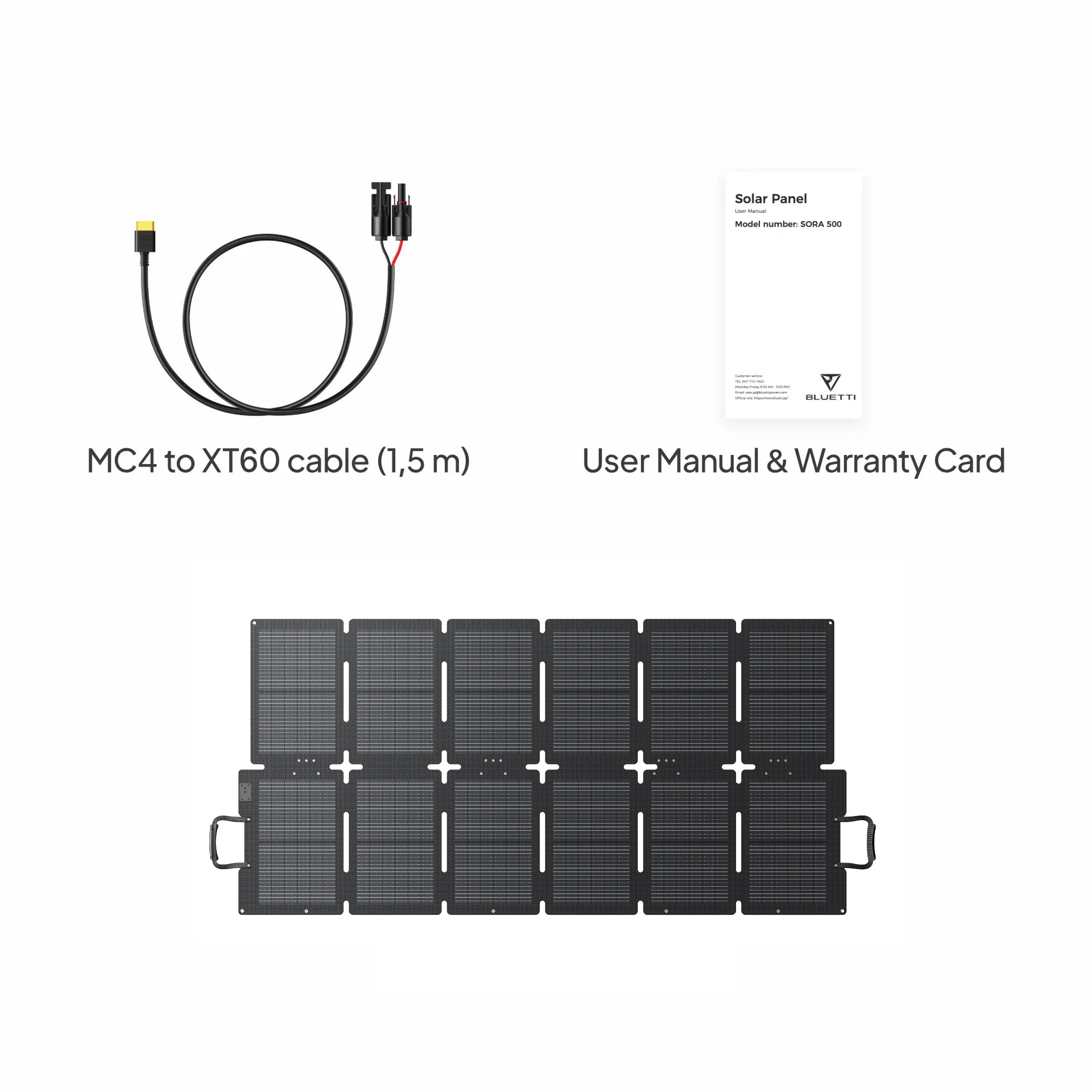 Kabel MC4 do XT60, instrukcja obsługi, karta gwarancyjna i panel słoneczny.