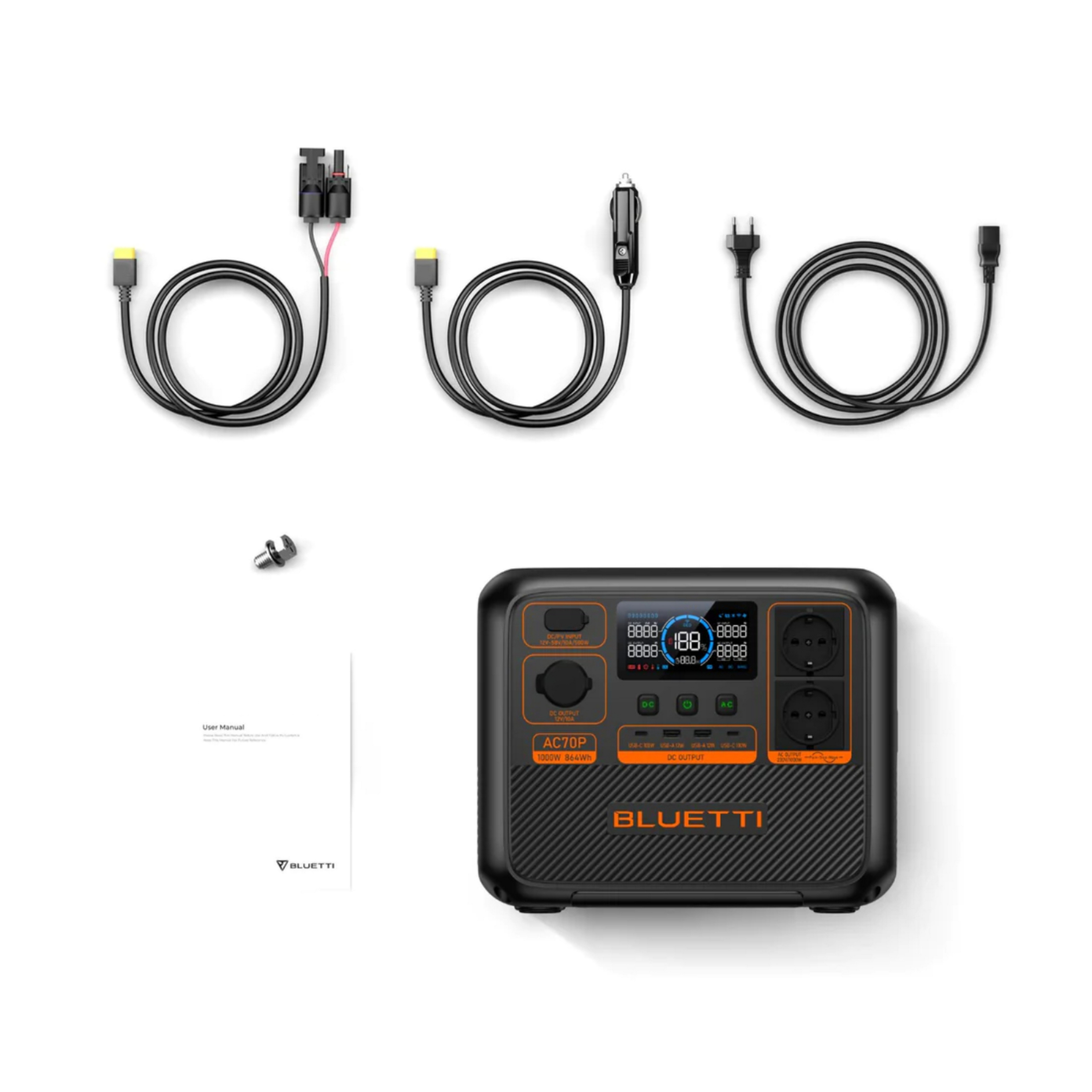 Stacja zasilania BLUETTI AC70P z kablami, śrubą i instrukcją.