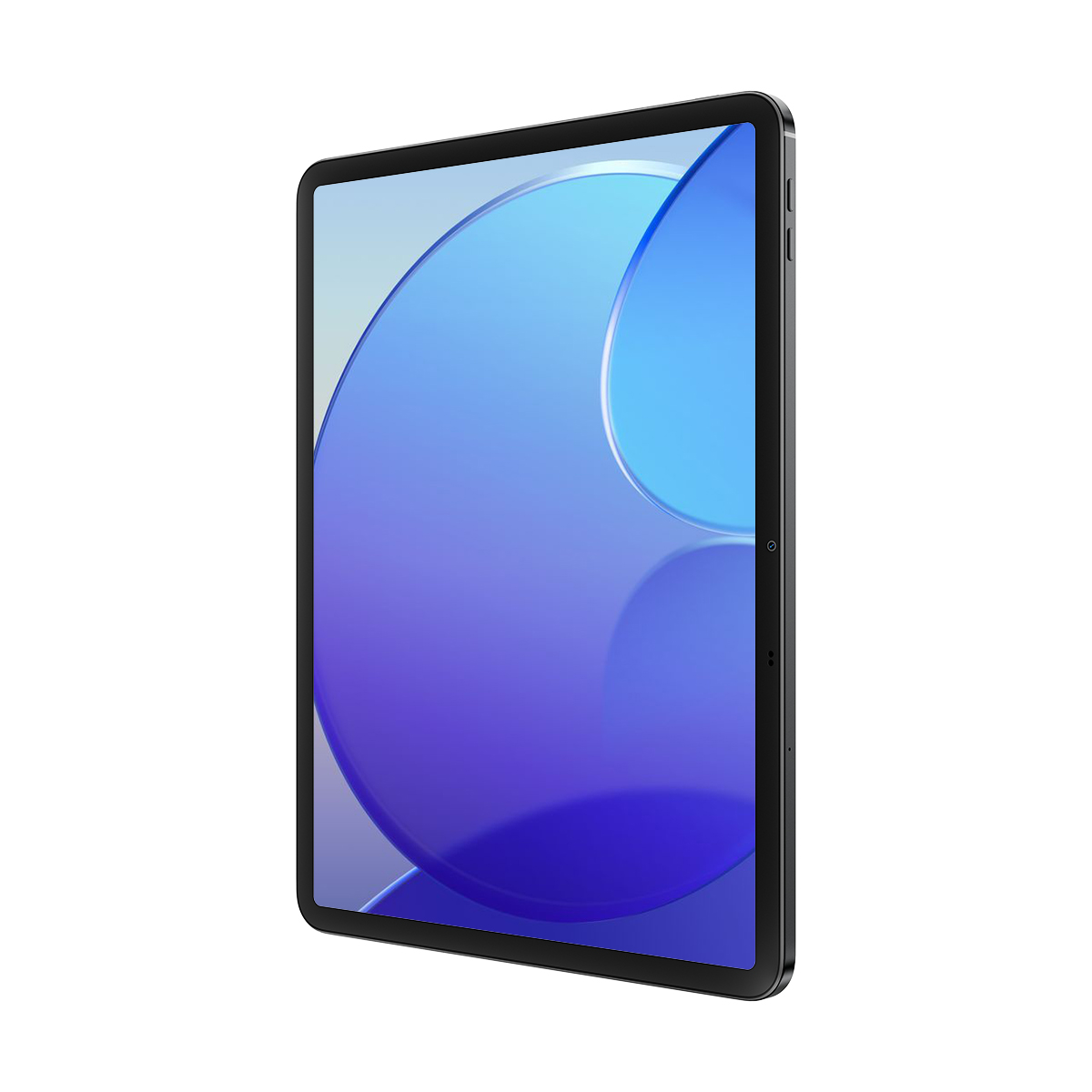 Un tablet con cornice nera e uno sfondo blu e viola.