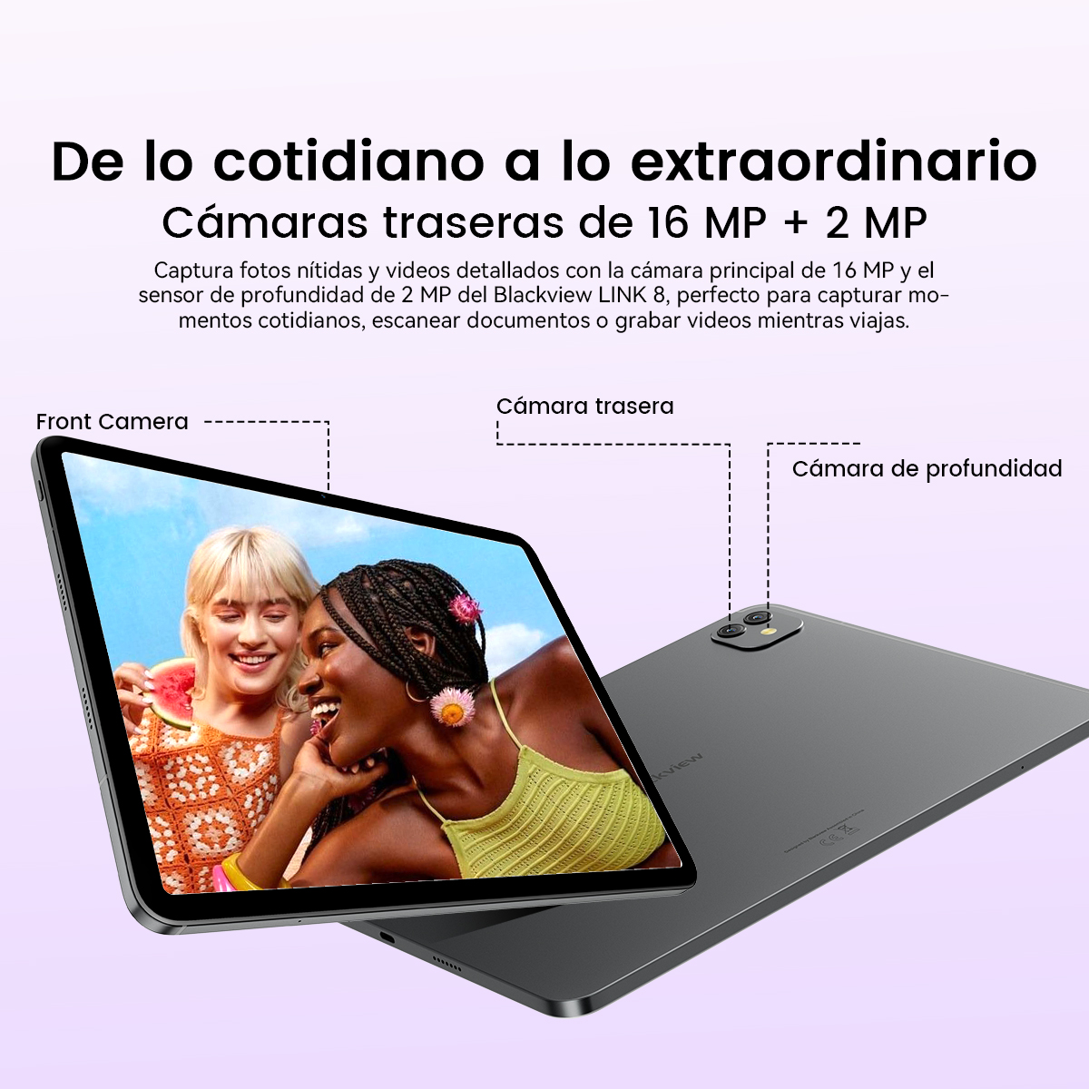 Tablet con cámara frontal y doble trasera, muestra dos mujeres sonriendo.