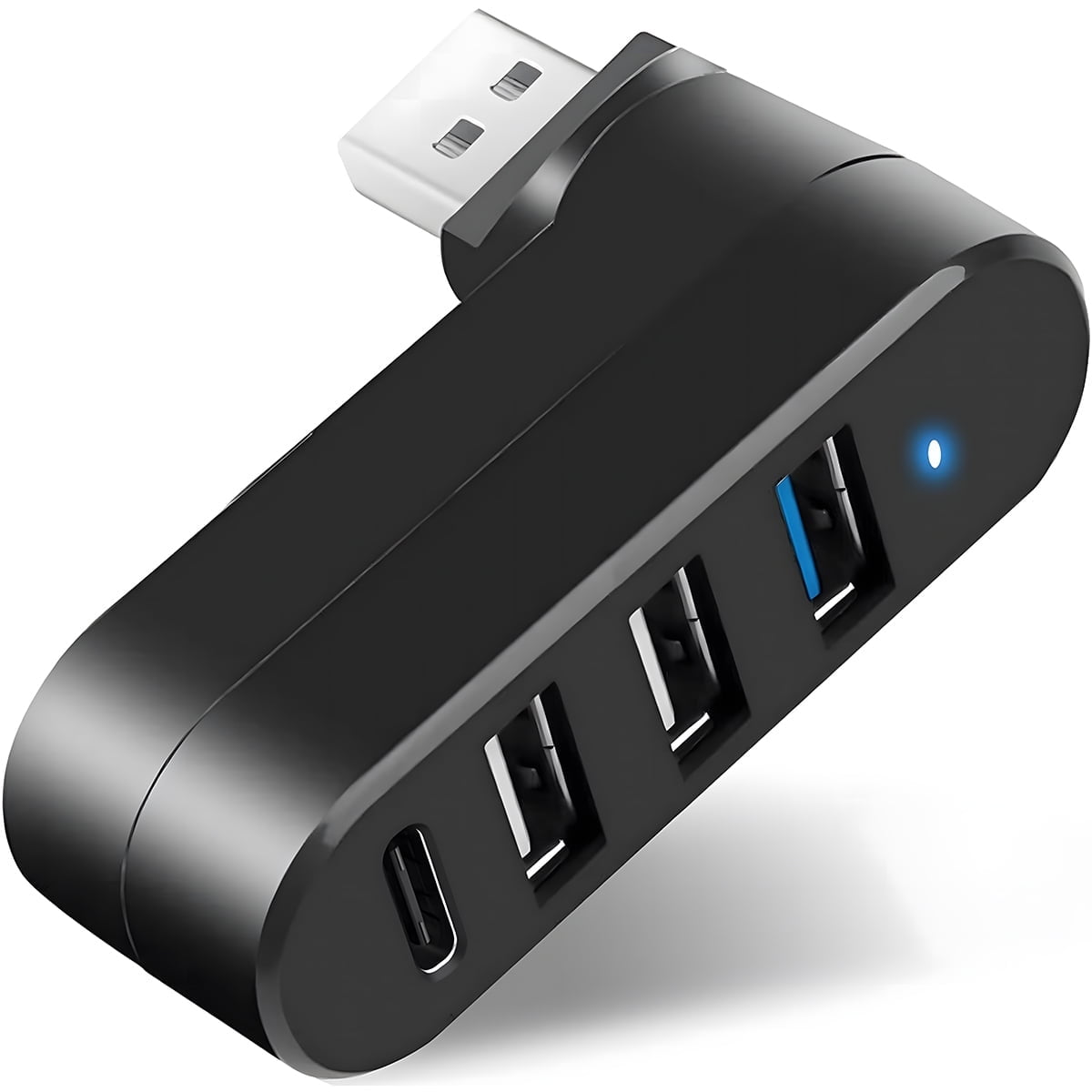 Schwarzer USB-Hub mit USB-C, drei USB-A-Anschlüssen und blauem Lämpchen.