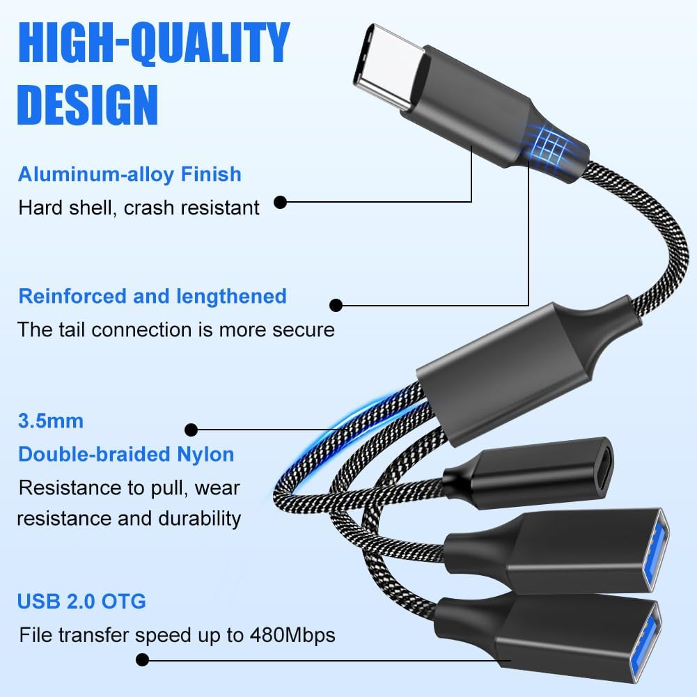 USB-C auf 2x USB-A Kabel mit verstärktem Nylongeflecht und Aluminiumgehäuse.