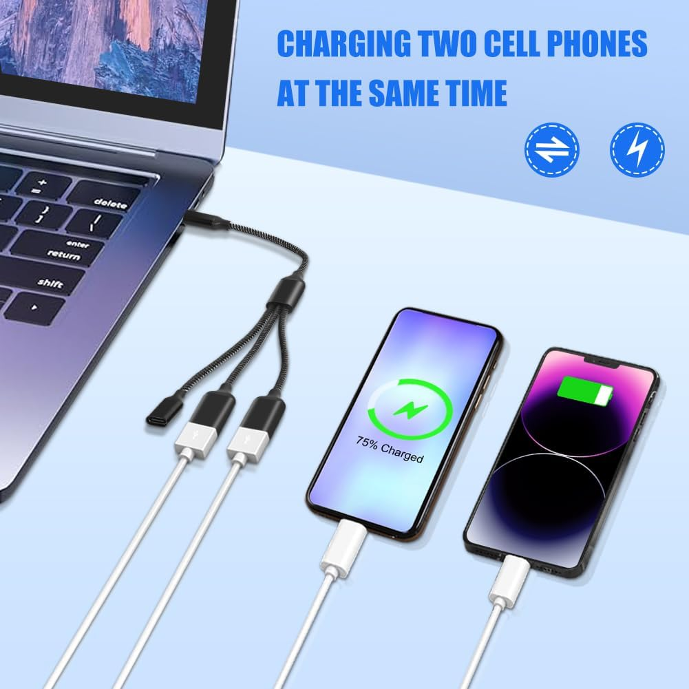 Laptop lädt zwei Handys mit einem Kabel. Ein Handy zeigt 75% an.