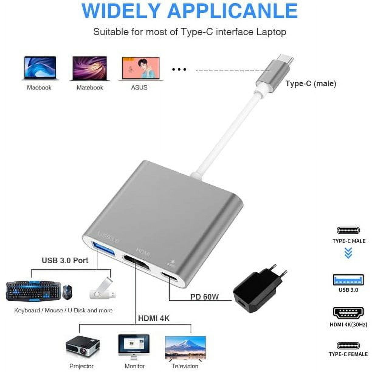 Ein grauer USB-C-Adapter mit Anschlüssen für USB 3.0, HDMI 4K und PD 60W.