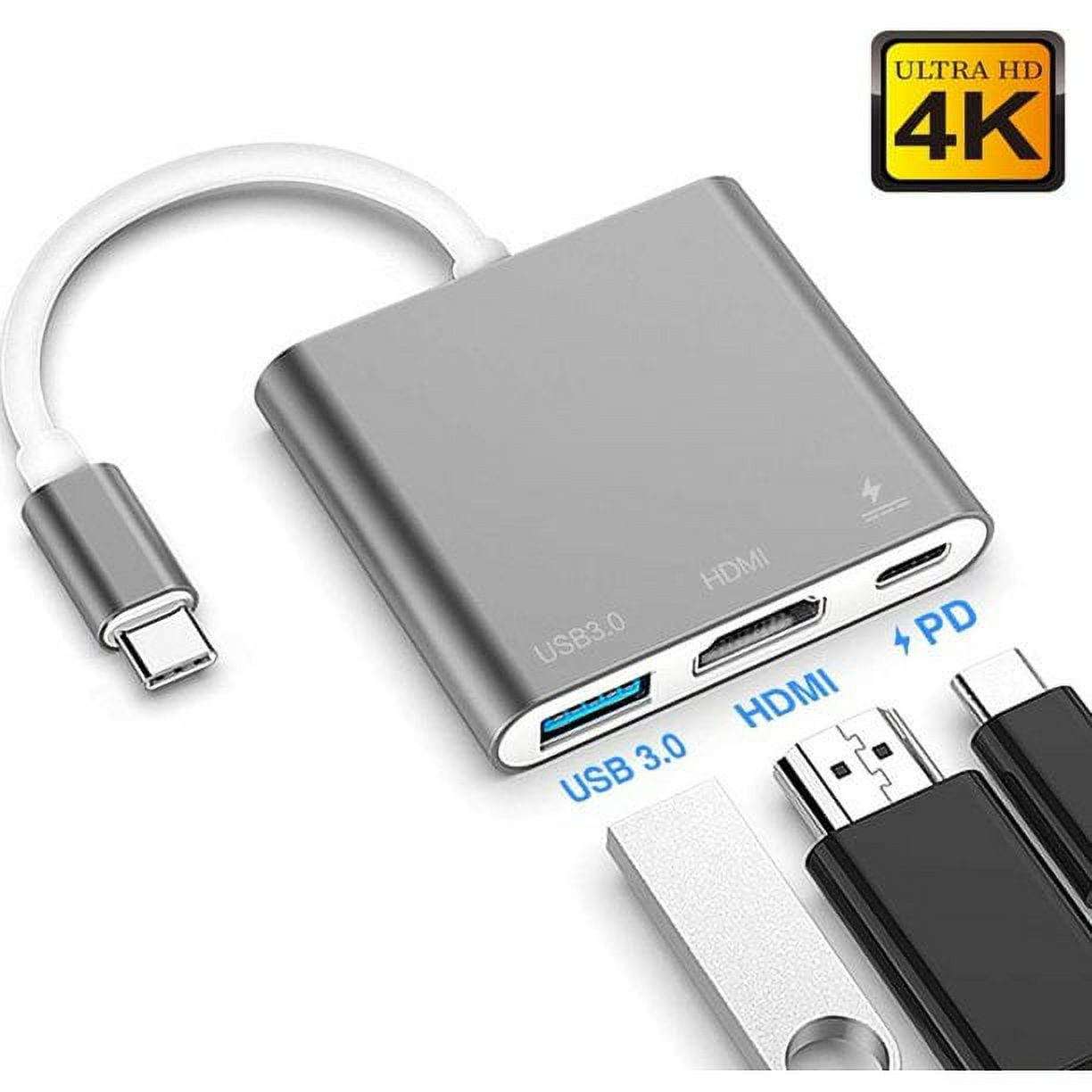 Ein silberner USB-C-Hub mit USB 3.0-, HDMI- und PD-Anschlüssen.