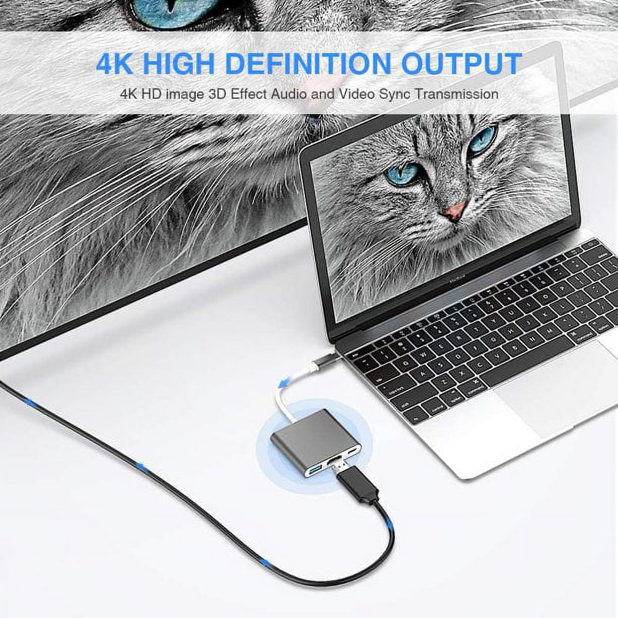 Ein Laptop ist mit einem USB-C-Adapter verbunden, der ein Bild einer Katze anzeigt.