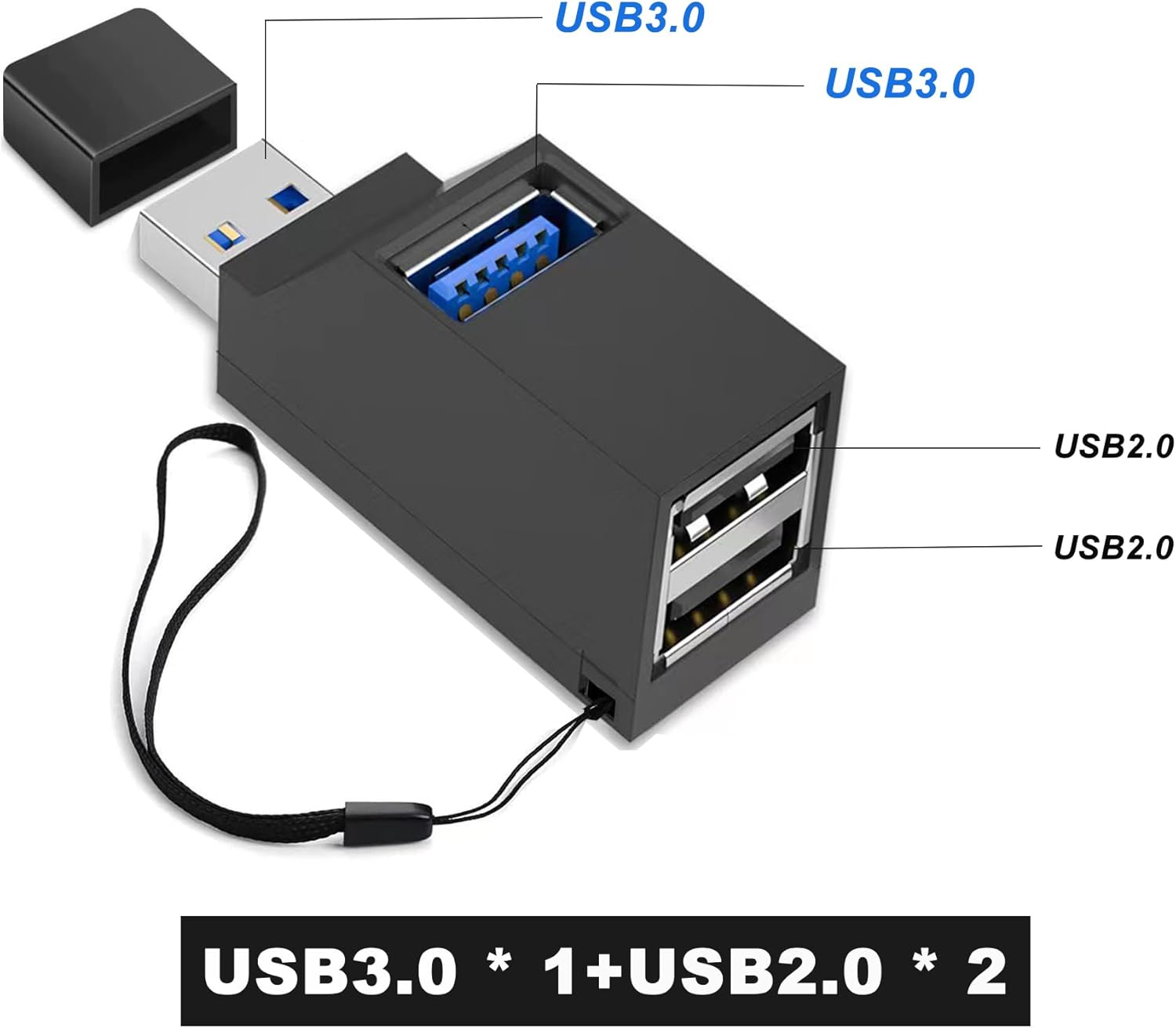 Schwarzer USB-Hub mit einem USB 3.0-Anschluss, zwei USB 2.0-Anschlüssen und einem Lanyard.