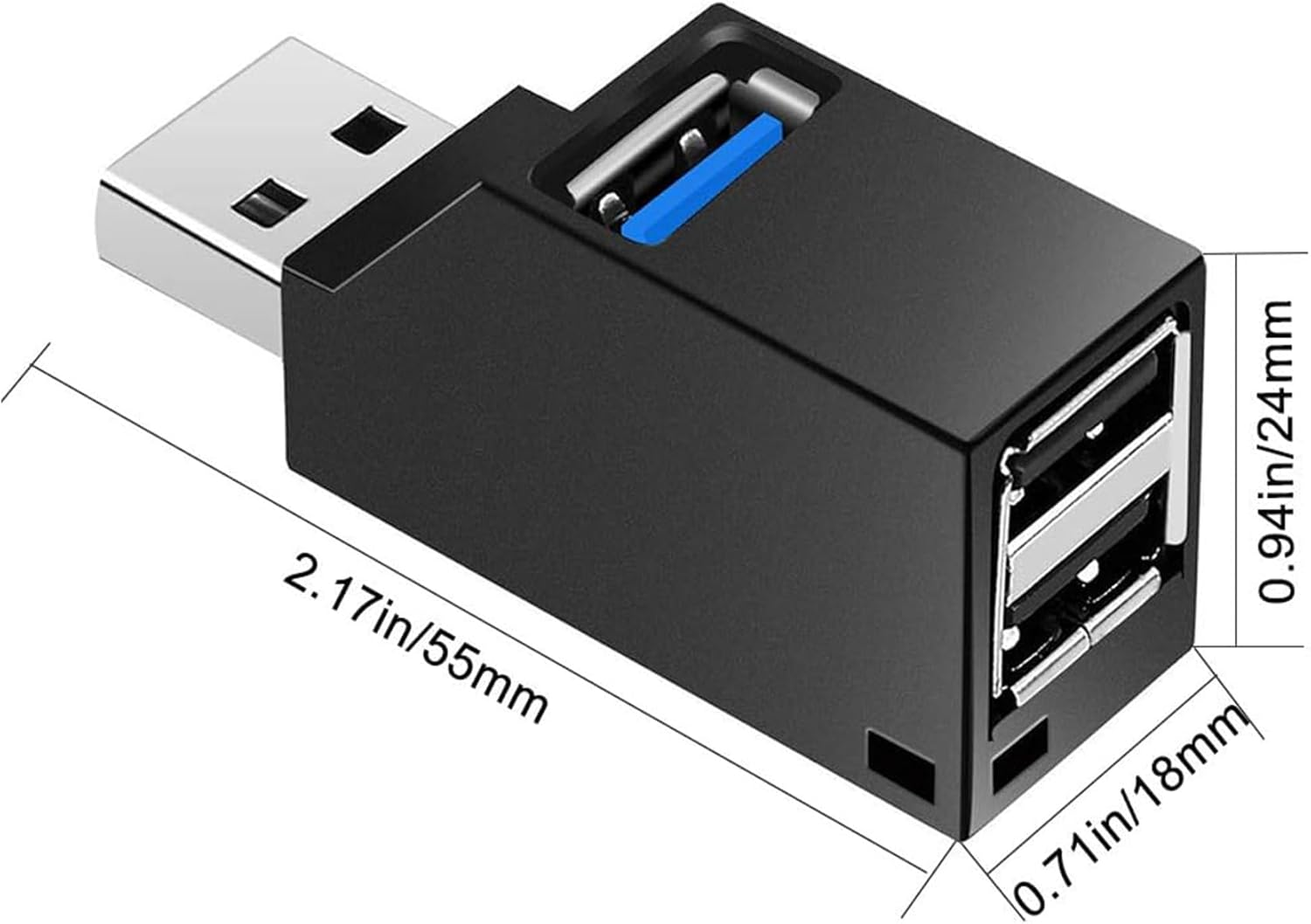 Schwarzer USB-Adapter mit einem Stecker und zwei Buchsen. Maße sind angegeben.