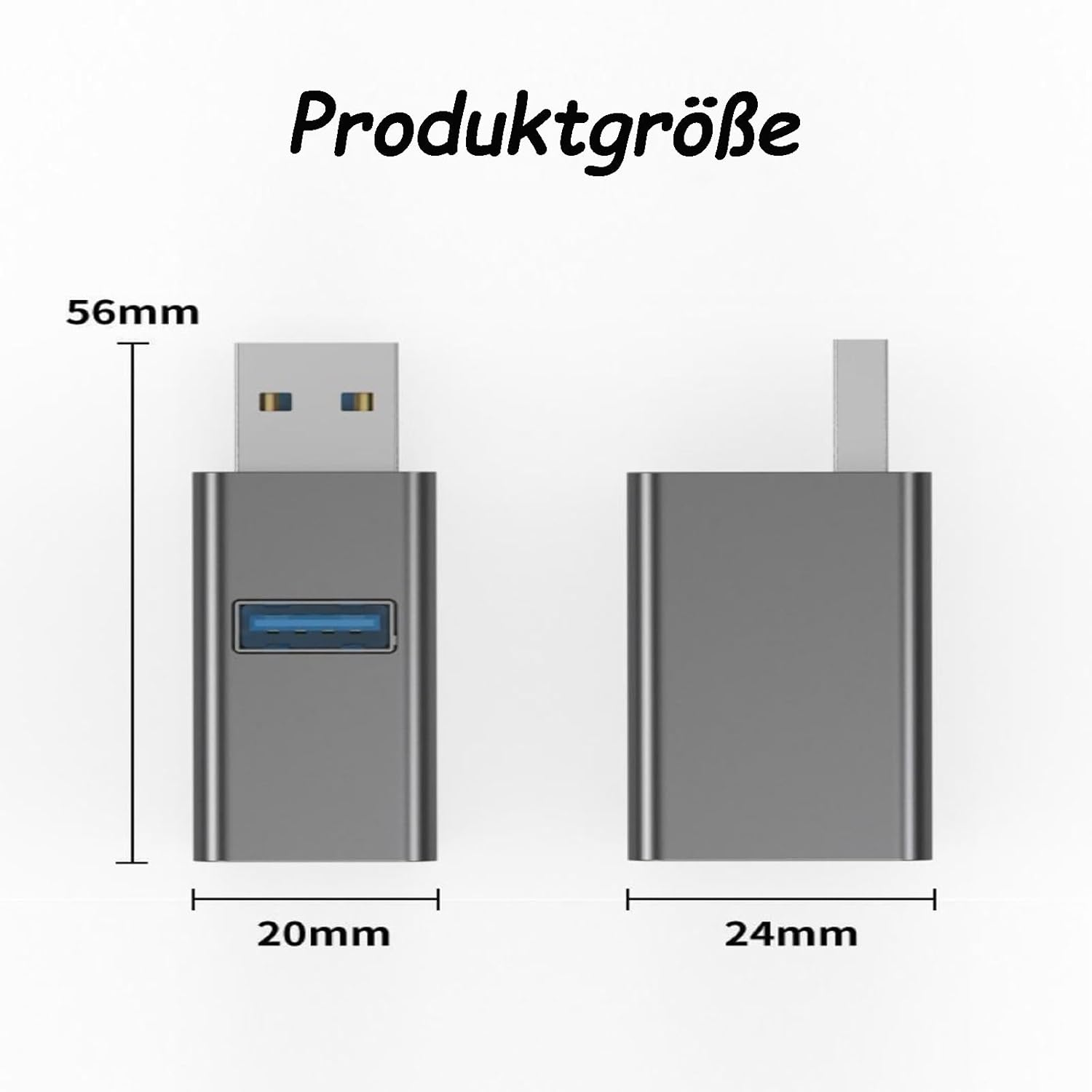 Zwei USB-Geräte, eines mit USB-Anschluss, Maße 56x20mm und 24mm.