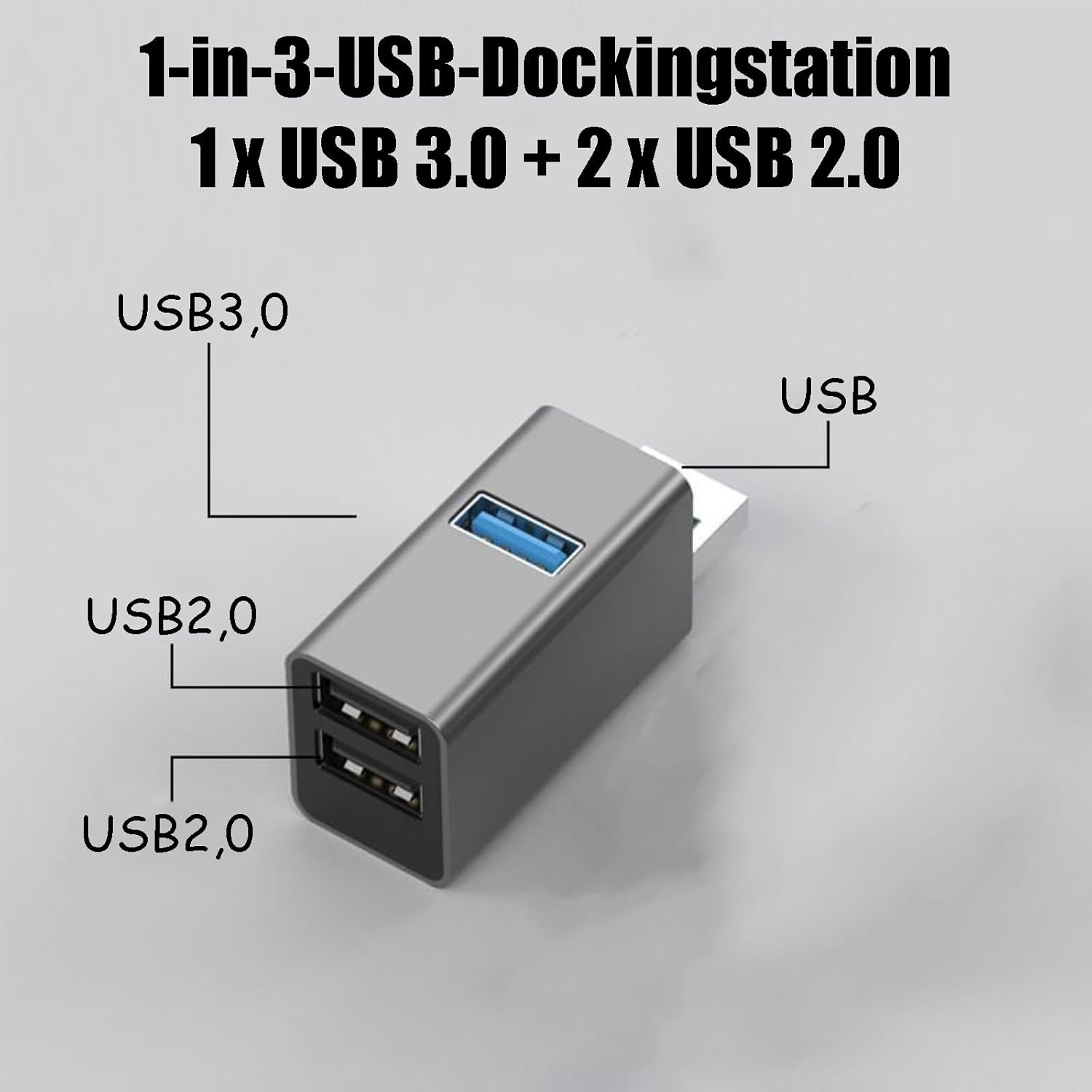 Grauer 3-Port USB-Hub mit 1x USB 3.0 und 2x USB 2.0 Anschlüssen.