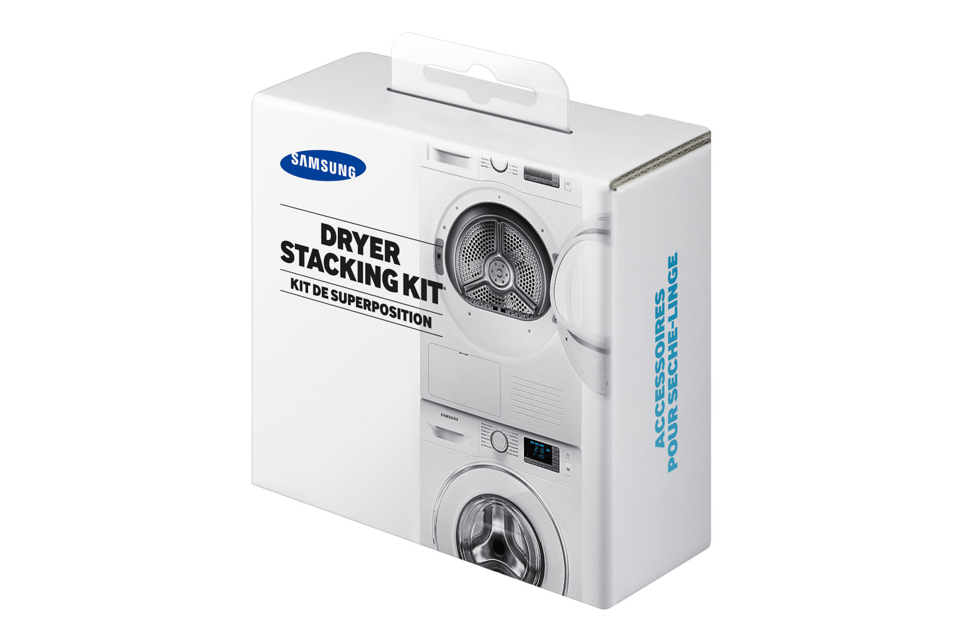 Samsung Trockner-Stapelkit-Verpackung mit Waschmaschine und Trockner-Grafiken.