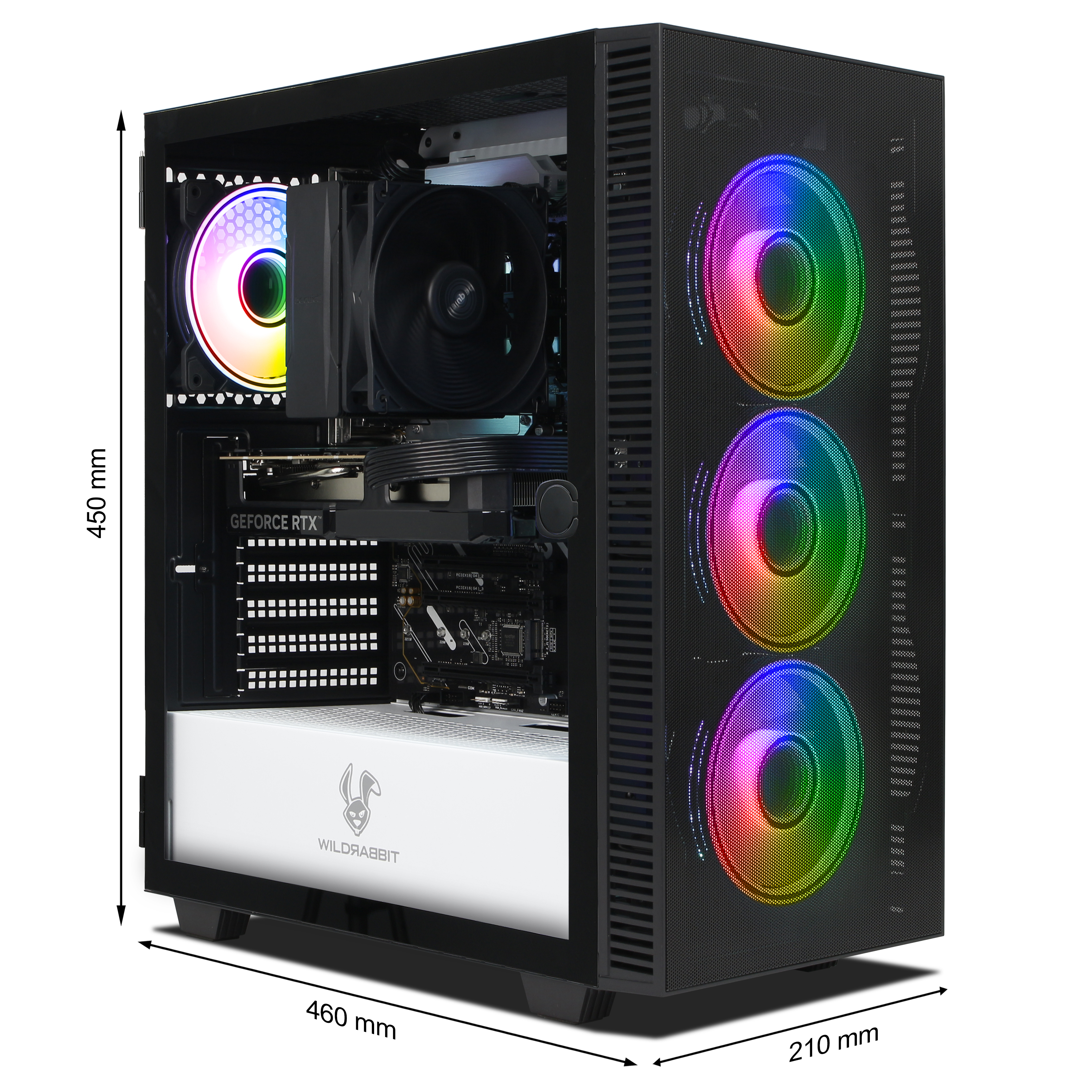 Schwarzes PC-Gehäuse mit RGB-Lüftern, Maße 450x210x460mm.
