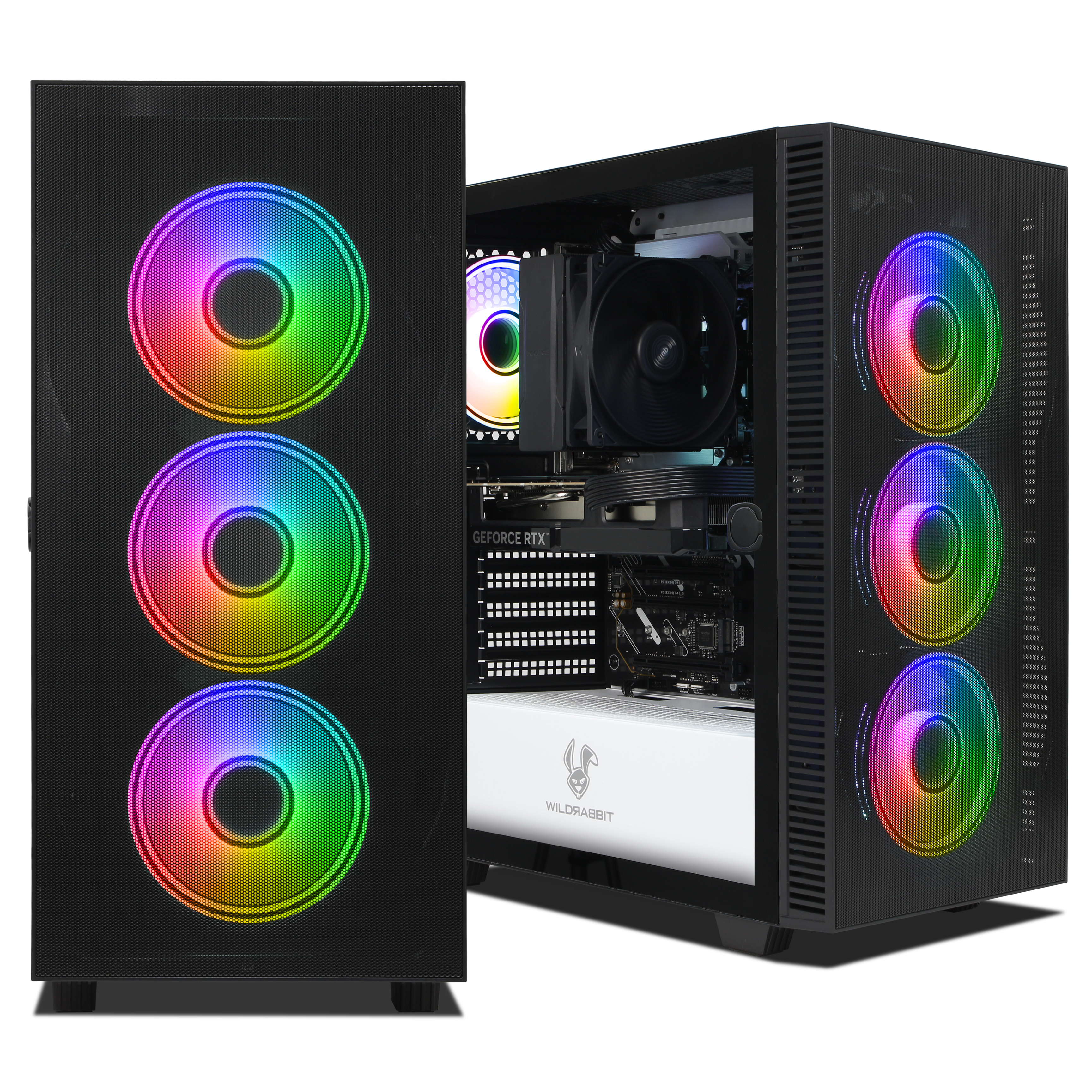 Ein schwarzer PC-Tower mit drei beleuchteten RGB-Lüftern vorne und innen.
