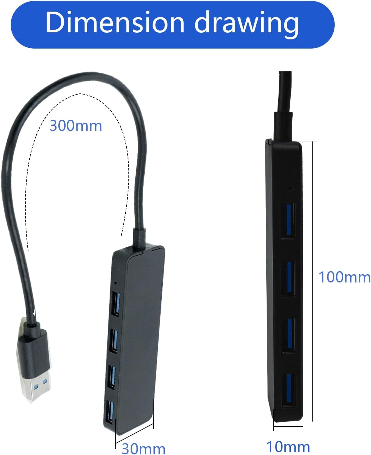 Schwarzer USB-Hub mit vier Anschlüssen, Maße 30x100x10mm, Kabellänge 300mm.