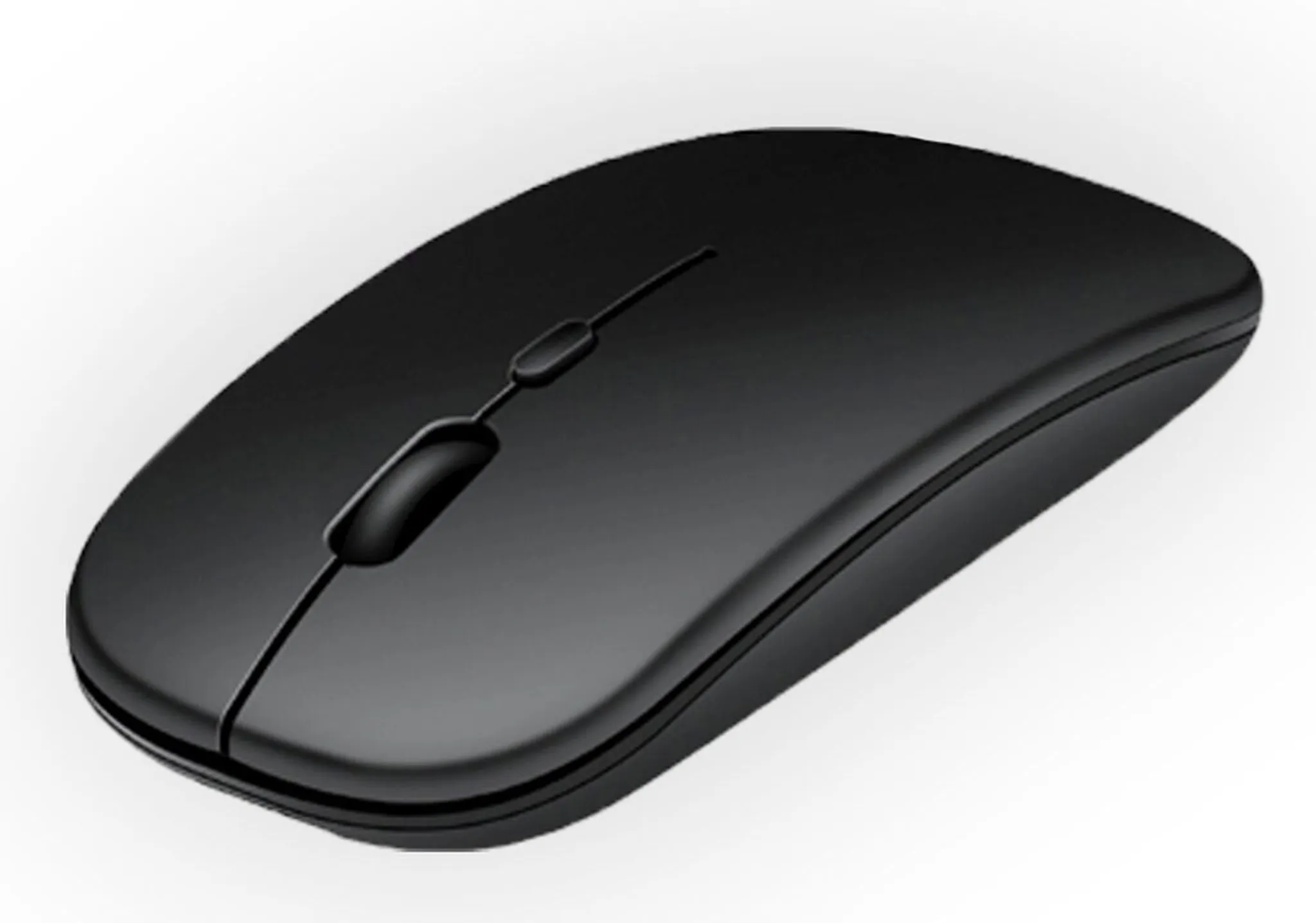 Ein schwarzes, kabelloses Computermaus mit Scrollrad und zwei Tasten.