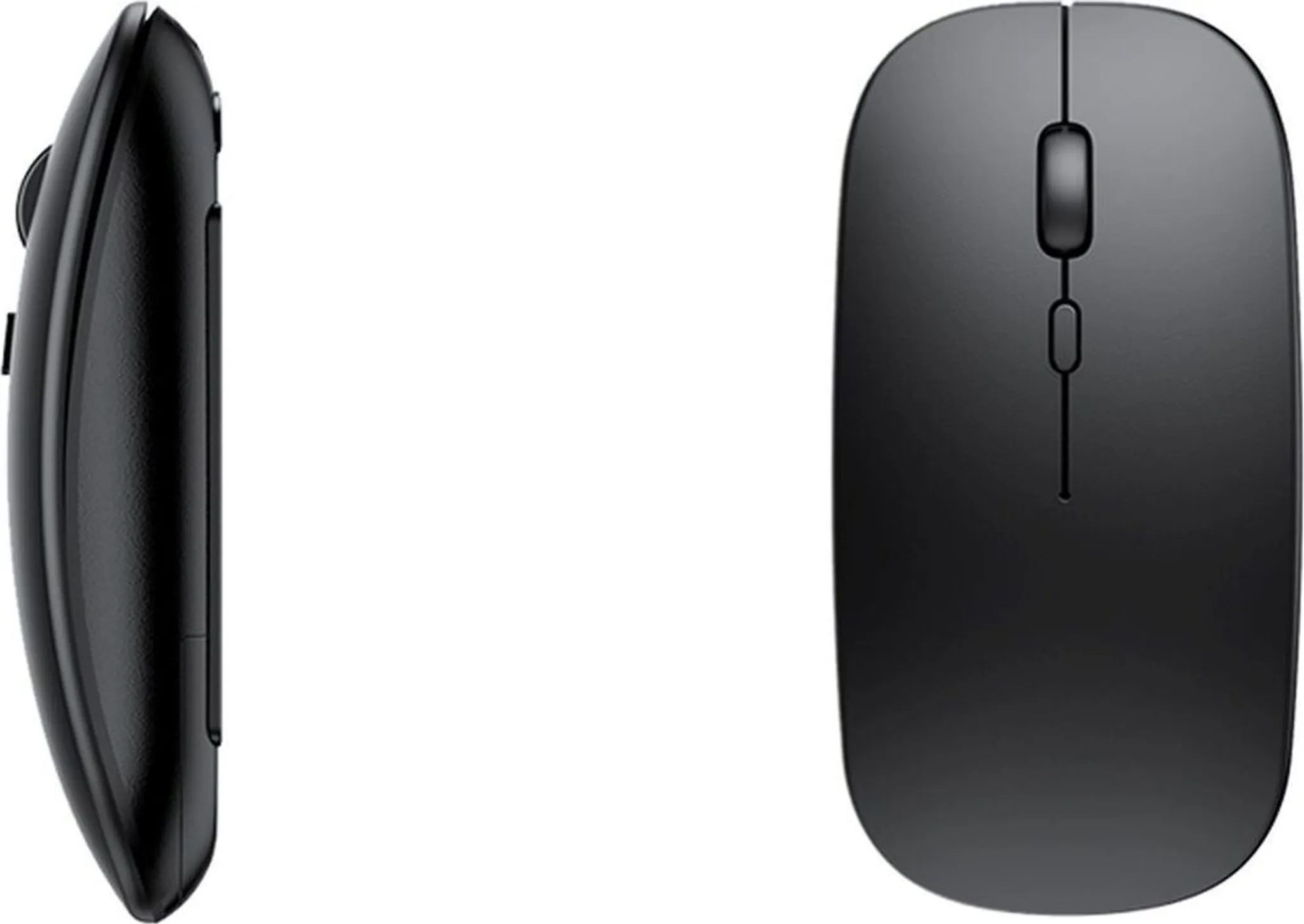 Schwarze Computermaus, Seitenansicht links, Oberansicht rechts.