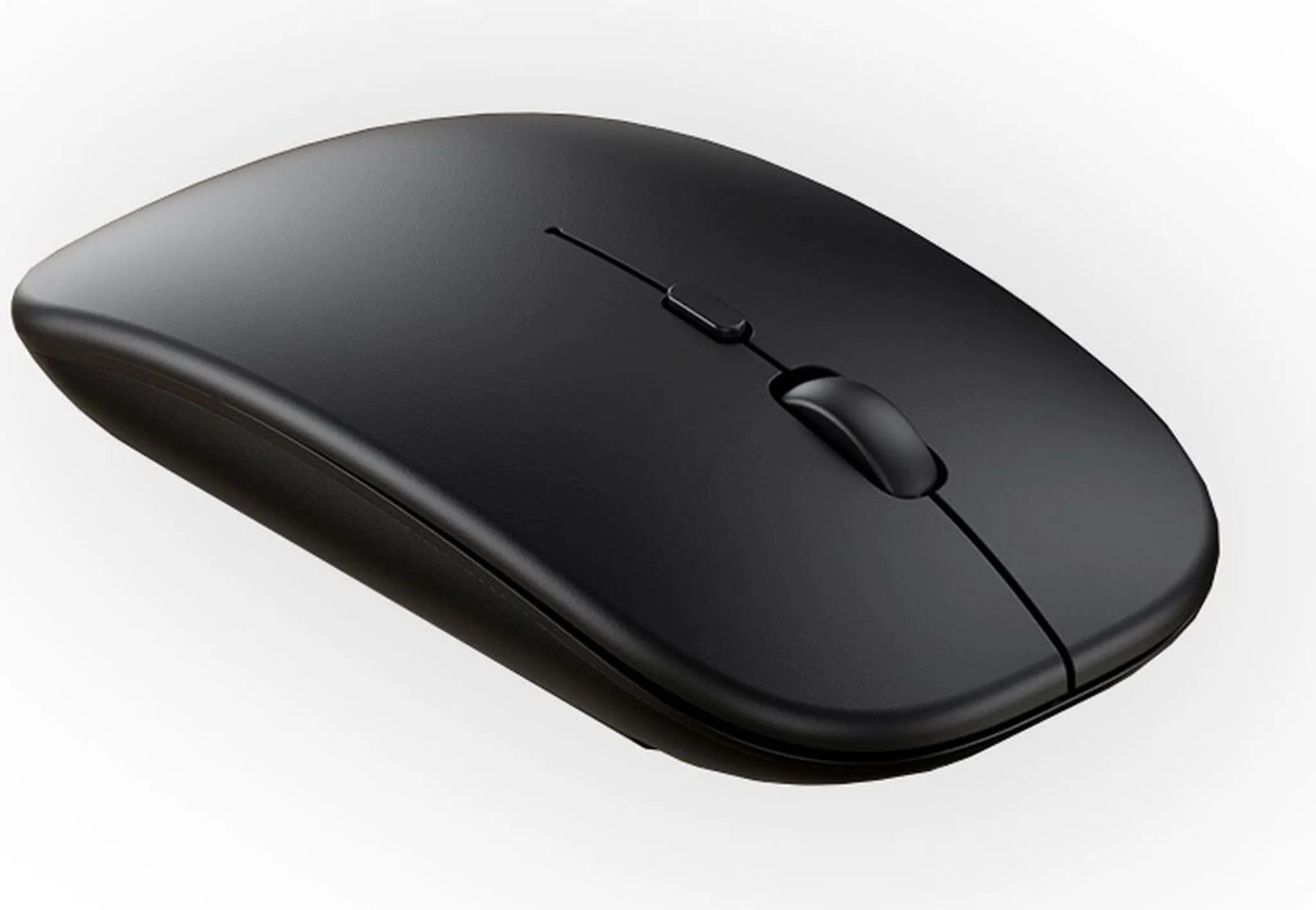 Eine schwarze kabellose Computermaus mit Scrollrad und zwei Tasten.