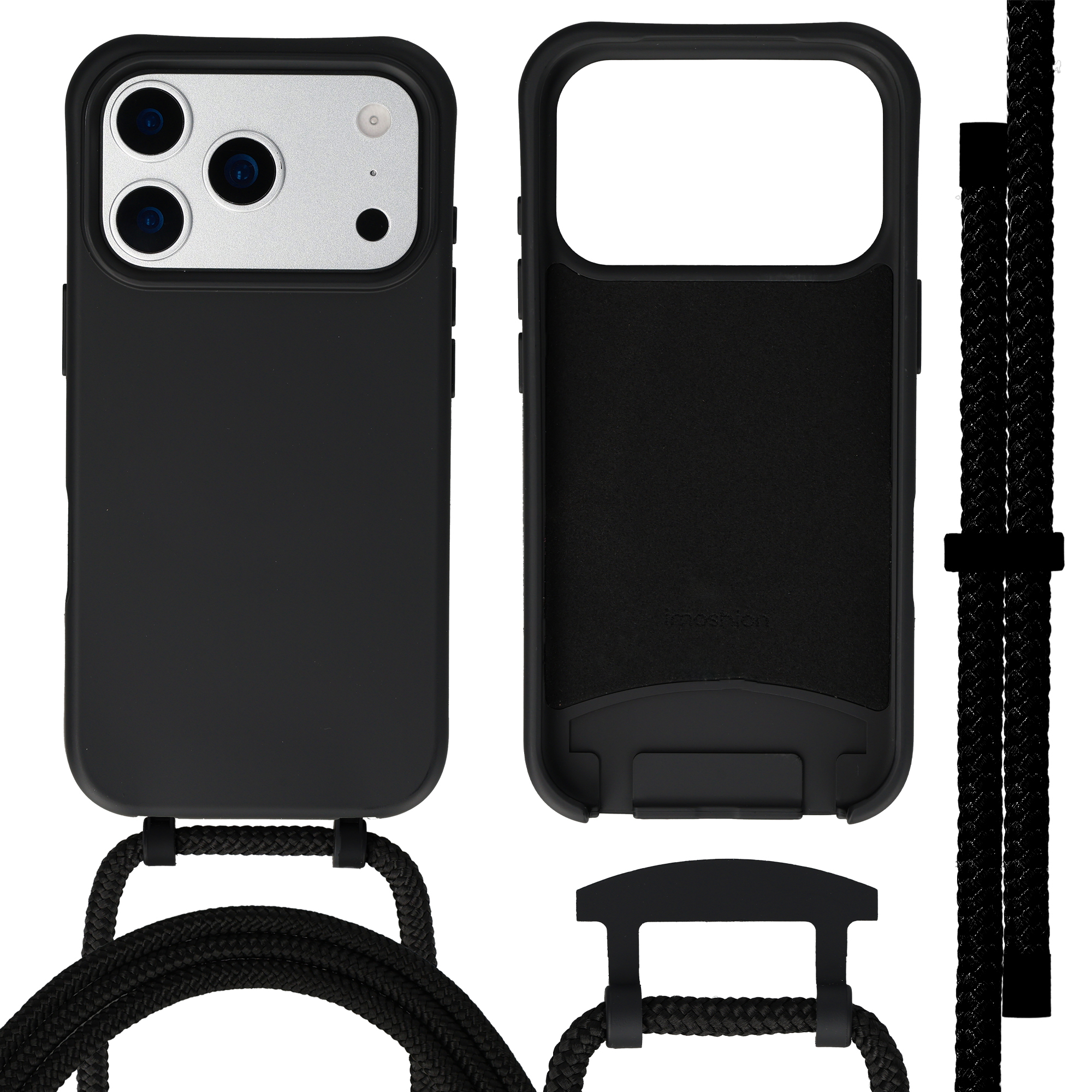 Coque de téléphone noire avec îlot caméra, lanière et pièce de fixation.