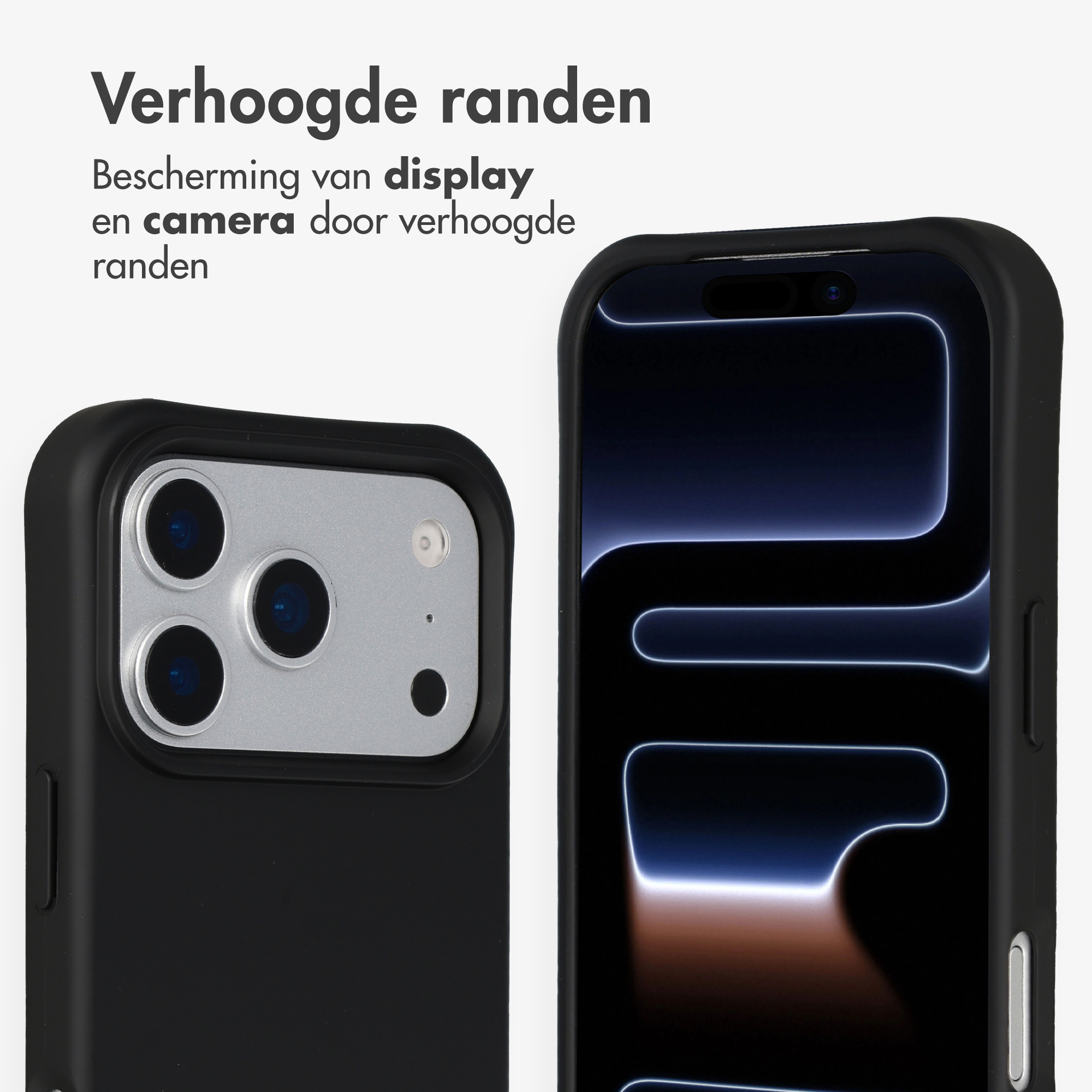 Coque de téléphone noire avec bords surélevés pour protéger écran et appareil photo.