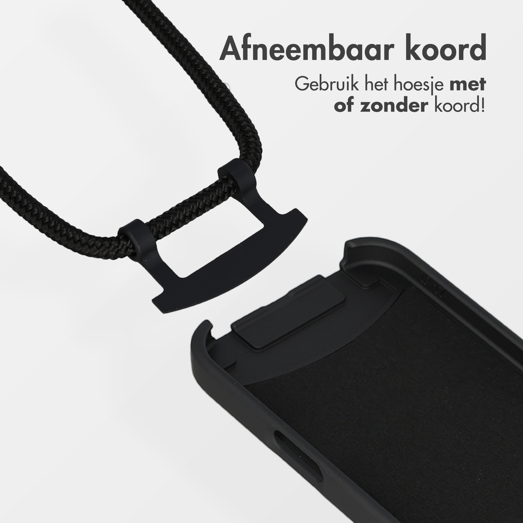 Coque de téléphone noire avec cordon détachable, montrée en cours de fixation.