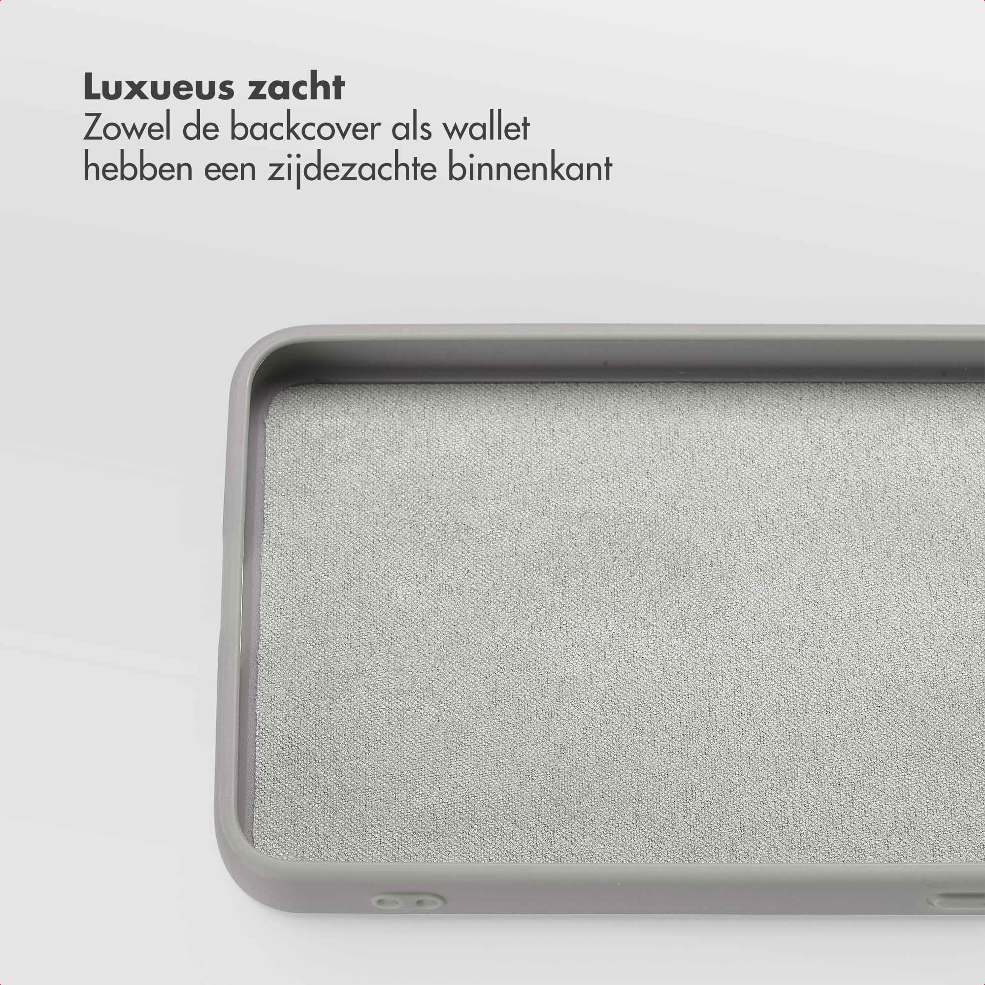 Grijze telefoonhoes met zachte, getextureerde binnenkant.
